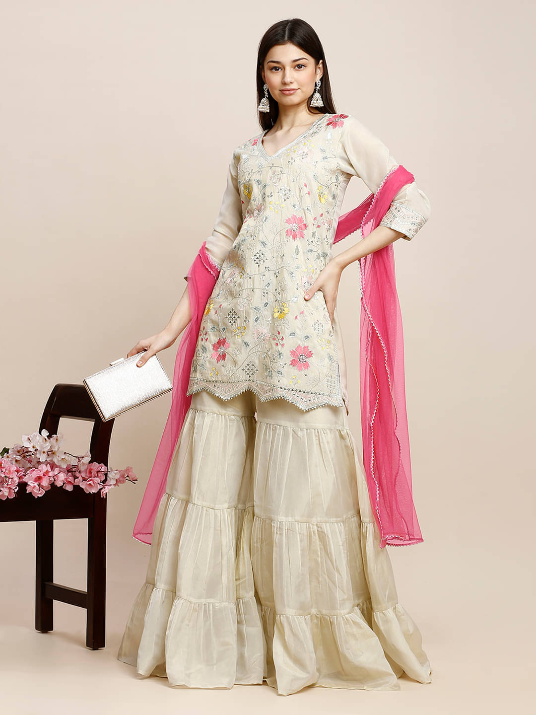 Madhuram Textiles Polyester Embroidered Kurti With Sharara And Gharara Women's Stitched Salwar Suit - Off White ( Pack of 1 )     			Madhuram Textiles Polyester Embroidered Kurti With Sharara And Gharara Women's Stitched Salwar Suit - Off White ( Pack of 1 )