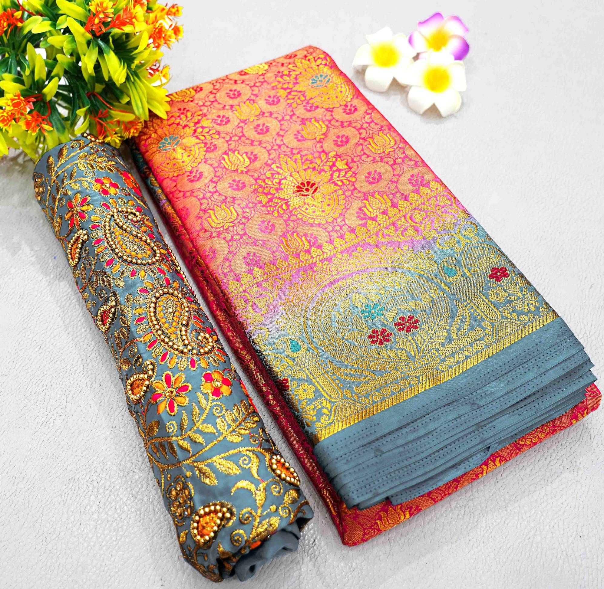     			Mysstre Kanjivaram Woven Saree With Unstitched Blouse Piece ( Grey )