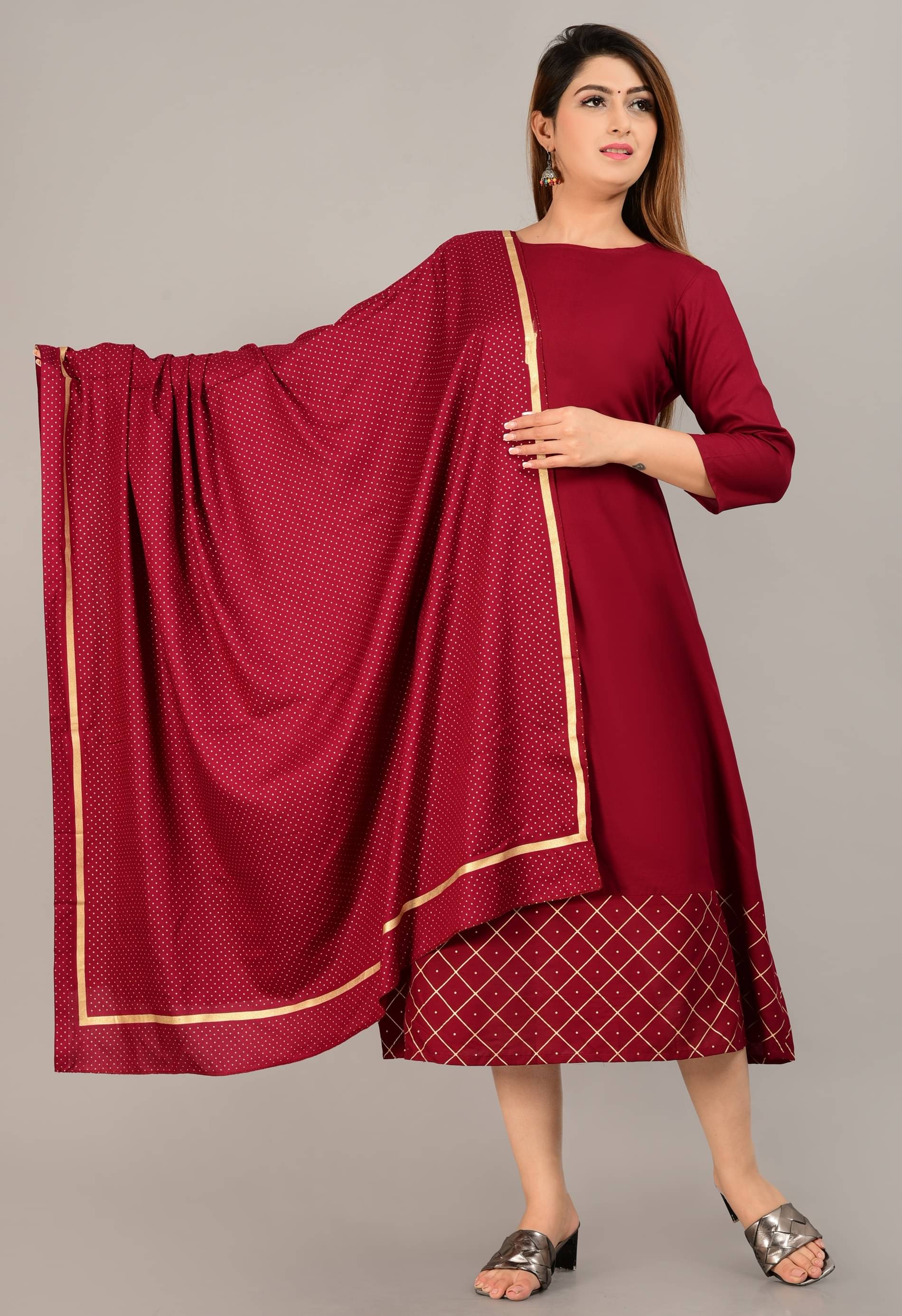 NUPITAL Rayon Printed Anarkali Women's Kurti with Dupatta - Maroon ( Pack of 1 ) NUPITAL Rayon Printed Anarkali Women's Kurti with Dupatta - Maroon ( Pack of 1 )
