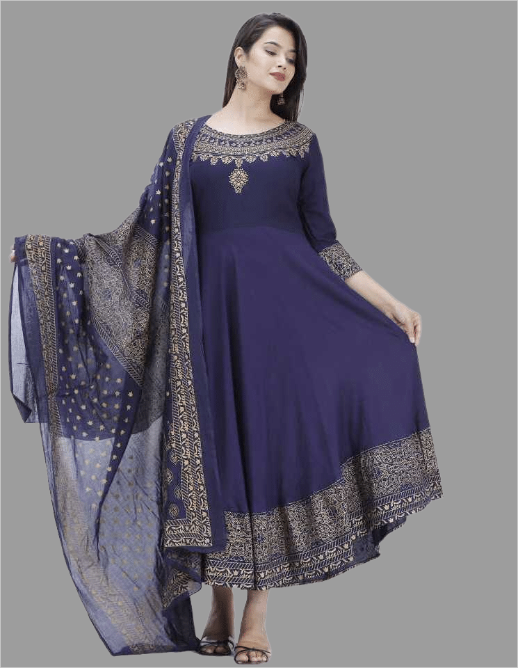 NUPITAL Rayon Printed Anarkali Women's Kurti with Dupatta - Blue ( Pack of 1 ) NUPITAL Rayon Printed Anarkali Women's Kurti with Dupatta - Blue ( Pack of 1 )