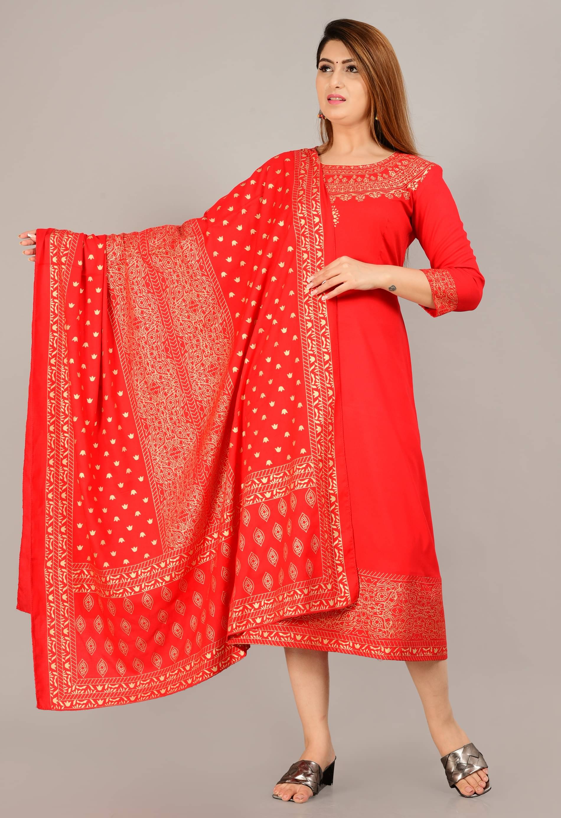 NUPITAL Rayon Printed Anarkali Women's Kurti with Dupatta - Red ( Pack of 1 ) NUPITAL Rayon Printed Anarkali Women's Kurti with Dupatta - Red ( Pack of 1 )