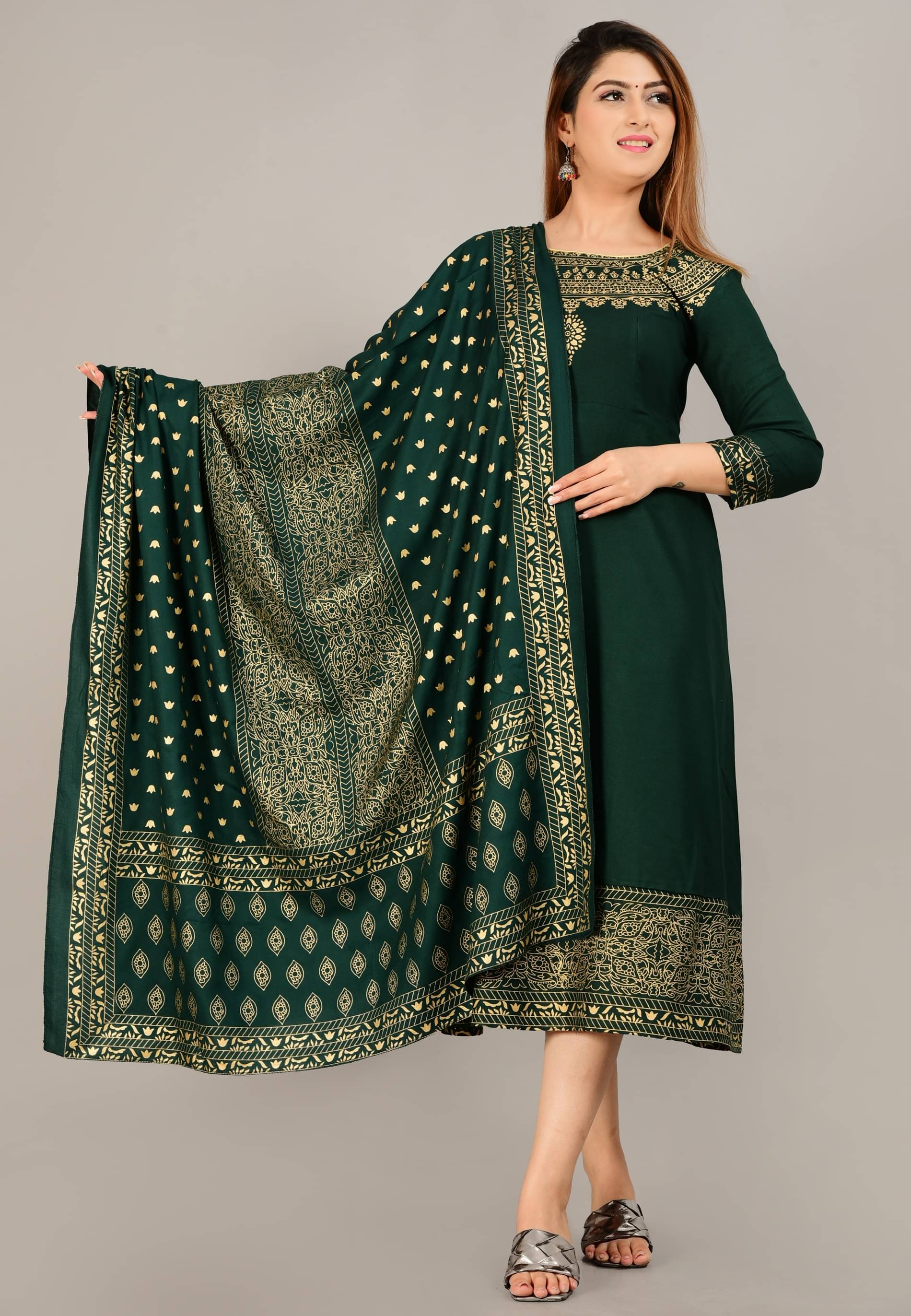 NUPITAL Rayon Printed Anarkali Women's Kurti with Dupatta - Green ( Pack of 1 ) NUPITAL Rayon Printed Anarkali Women's Kurti with Dupatta - Green ( Pack of 1 )