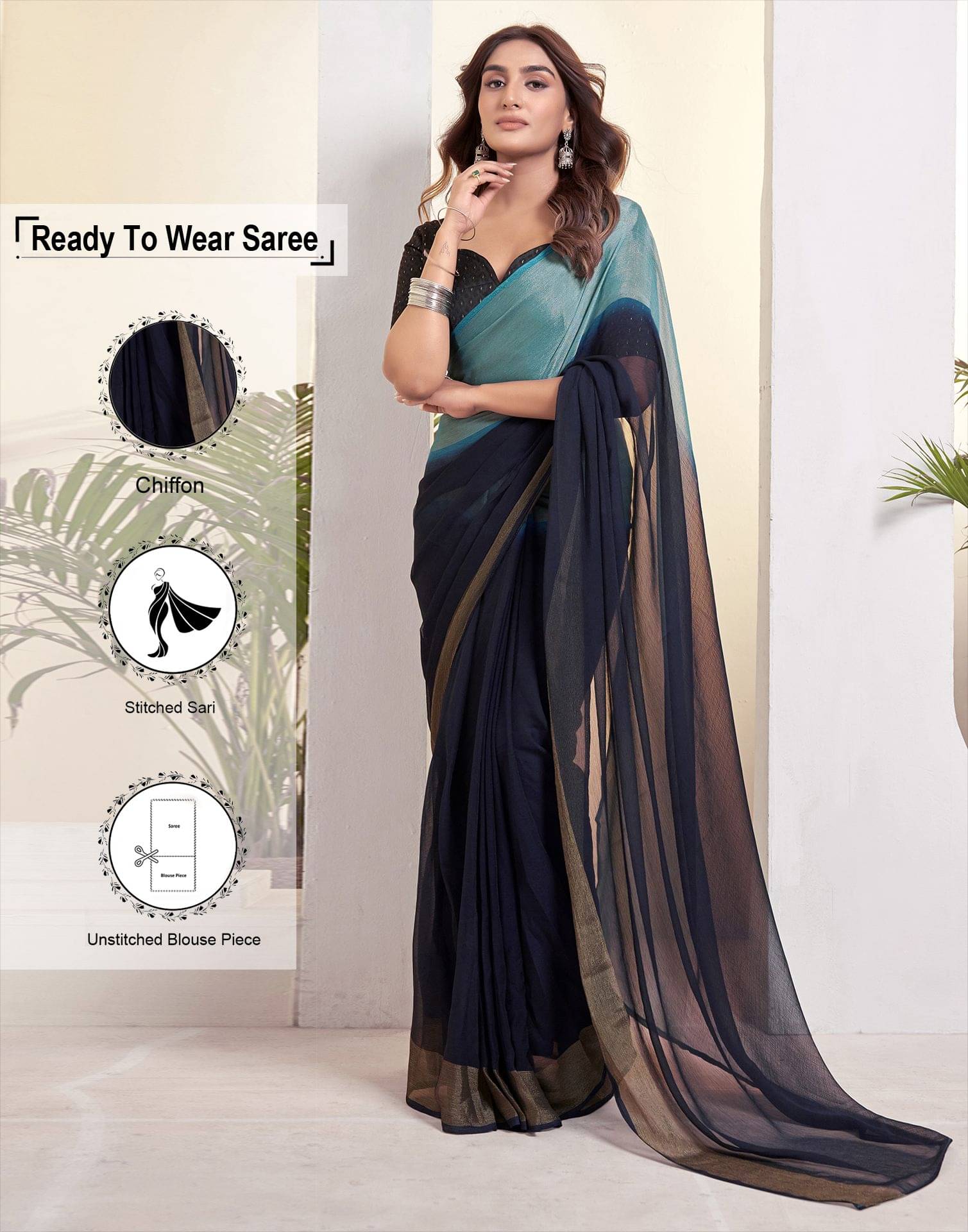     			Samah Chiffon Solid Ready to Wear Saree With Unstitched Blouse Piece ( Navy Blue )