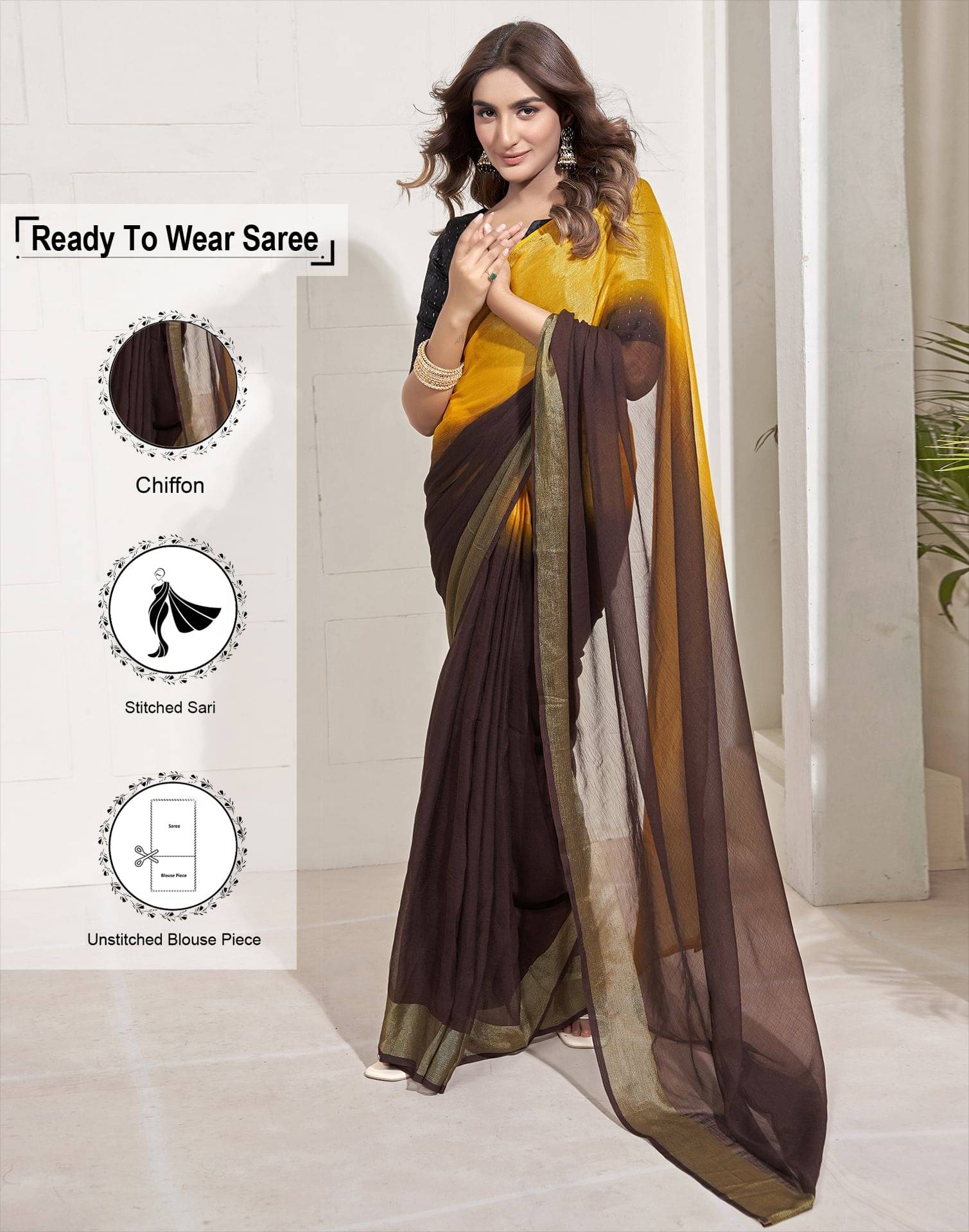     			Samah Chiffon Solid Ready to Wear Saree With Unstitched Blouse Piece ( Brown )