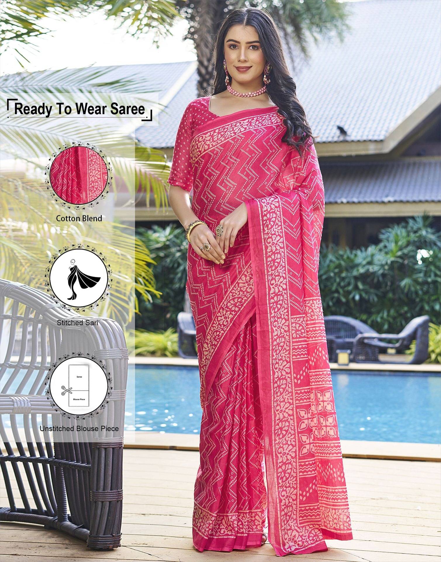 Samah Cotton Printed Ready to Wear Saree With Unstitched Blouse Piece ( Pink ) Samah Cotton Printed Ready to Wear Saree With Unstitched Blouse Piece ( Pink )