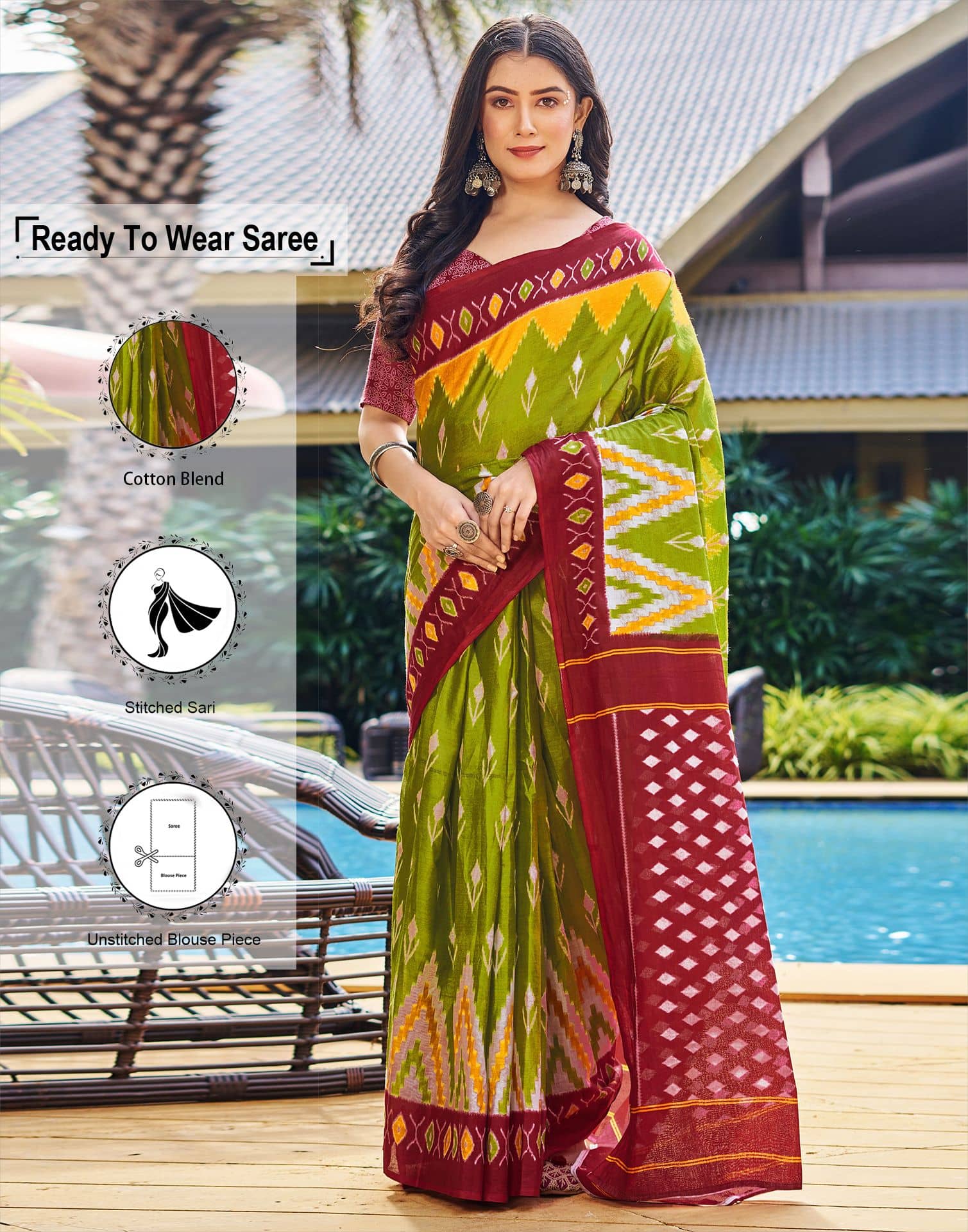 Samah Cotton Printed Ready to Wear Saree With Unstitched Blouse Piece ( Olive ) - Sarees | Buy online on ZillyBuy