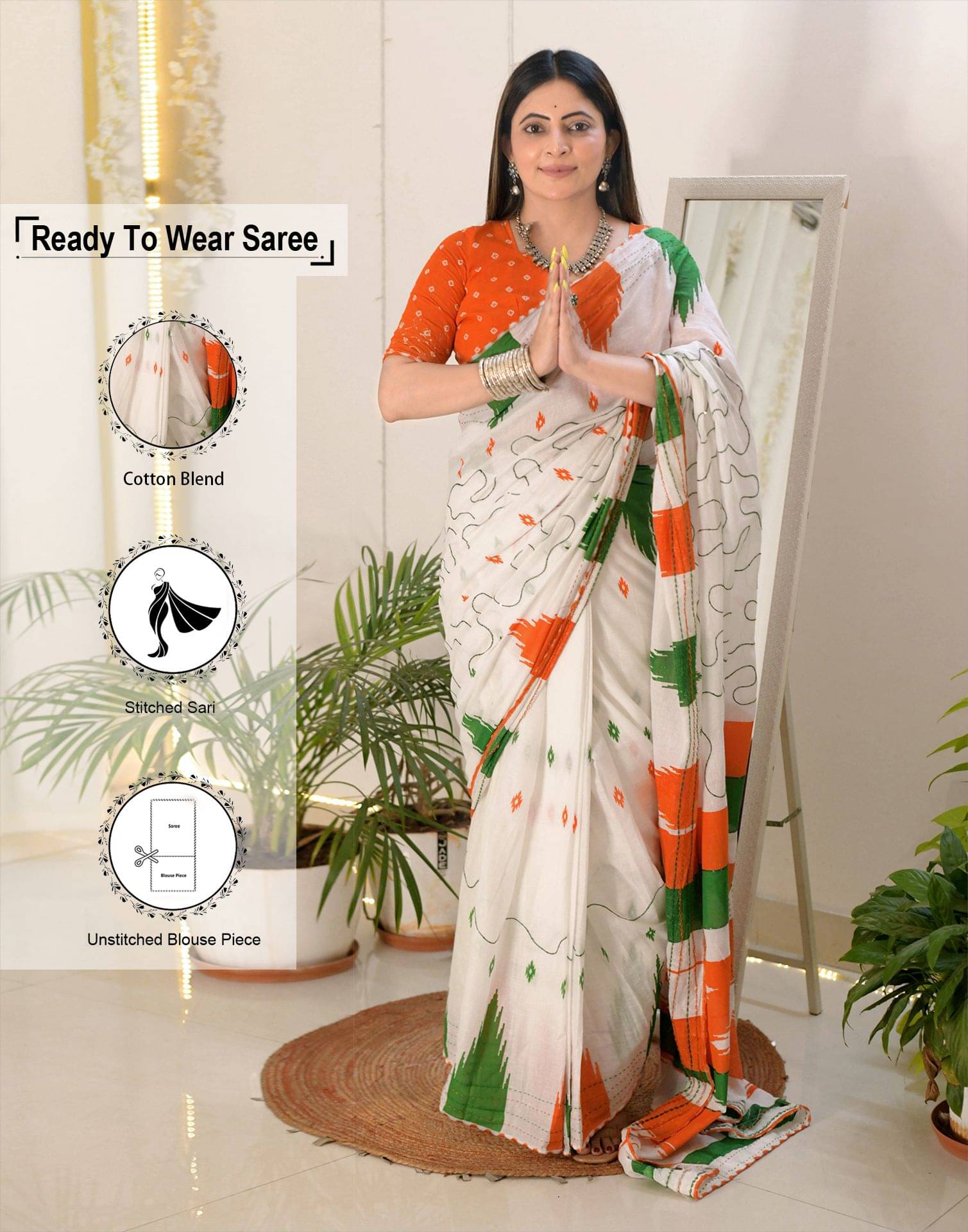     			Samah Cotton Printed Ready to Wear Saree With Unstitched Blouse Piece ( Off White )