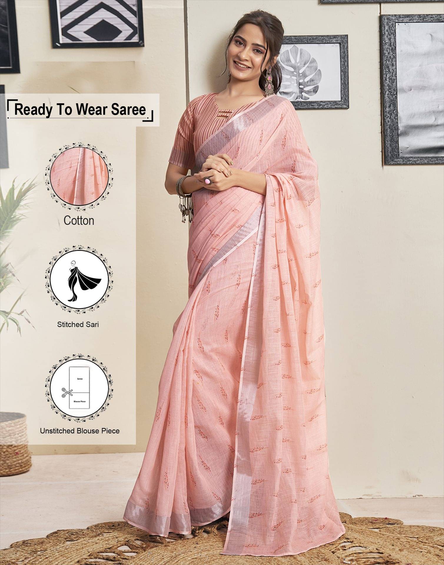     			Samah Cotton Printed Ready to Wear Saree With Unstitched Blouse Piece ( Rose Gold )