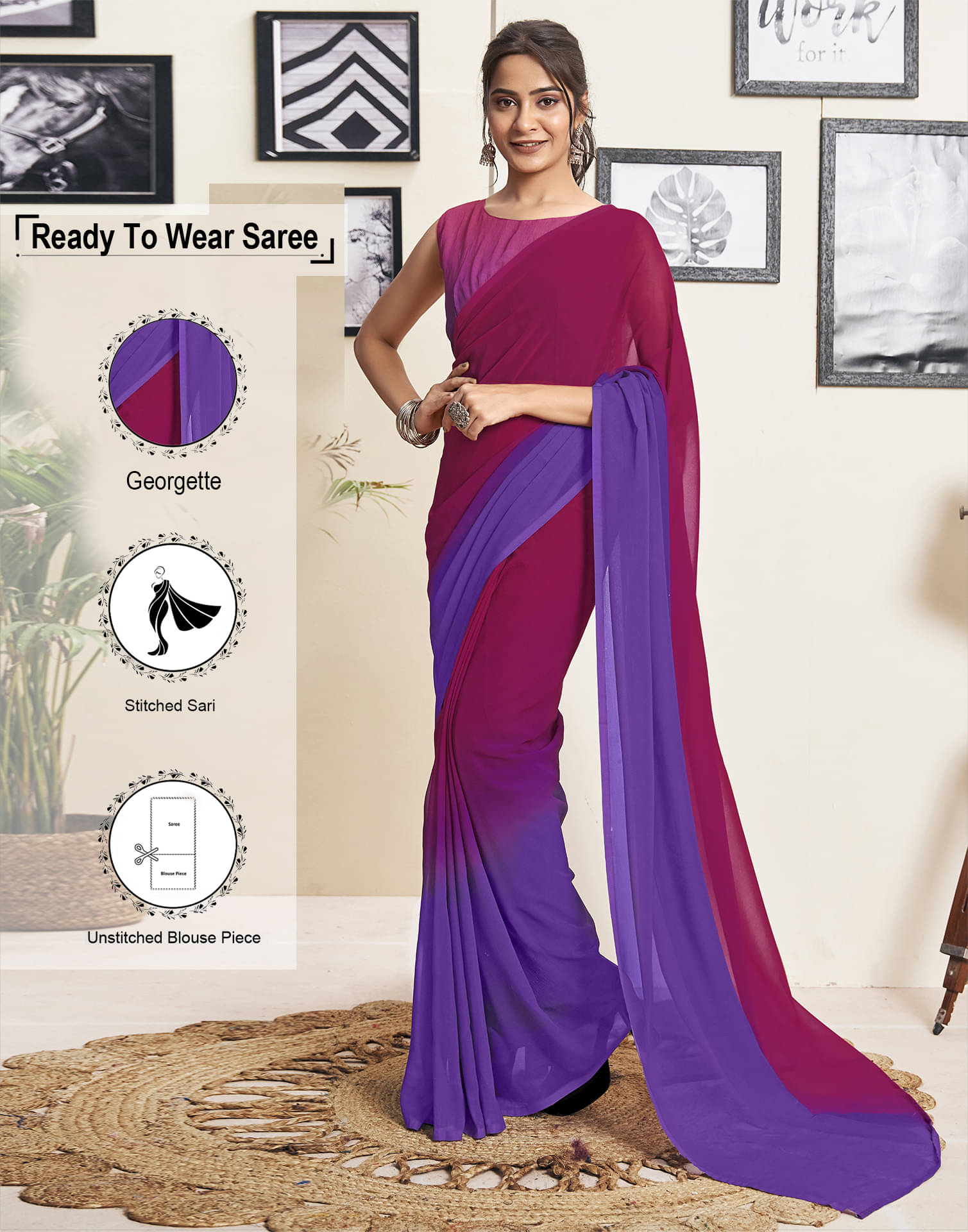     			Samah Georgette Dyed Ready to Wear Saree With Unstitched Blouse Piece ( Purple )