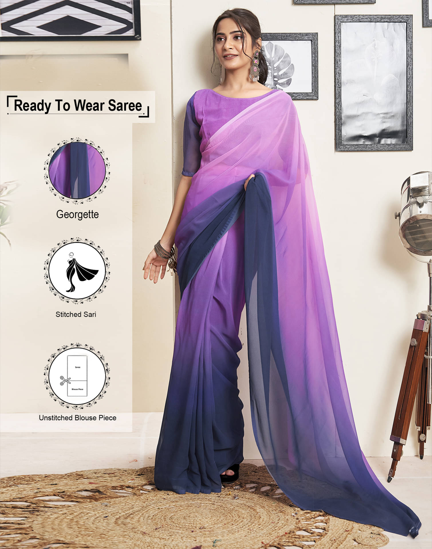     			Samah Georgette Dyed Ready to Wear Saree With Unstitched Blouse Piece ( Navy Blue )