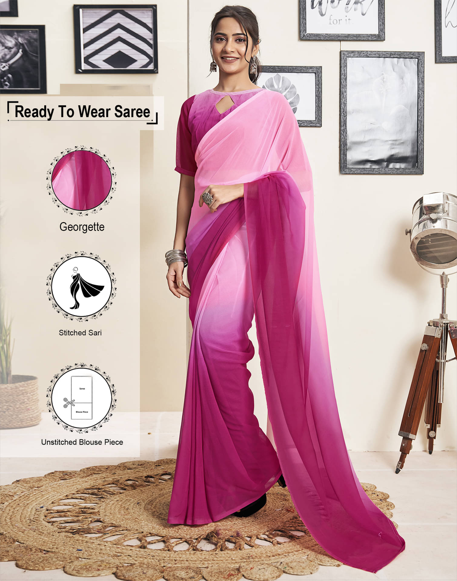 Samah Georgette Dyed Ready to Wear Saree With Unstitched Blouse Piece ( Pink ) Samah Georgette Dyed Ready to Wear Saree With Unstitched Blouse Piece ( Pink )