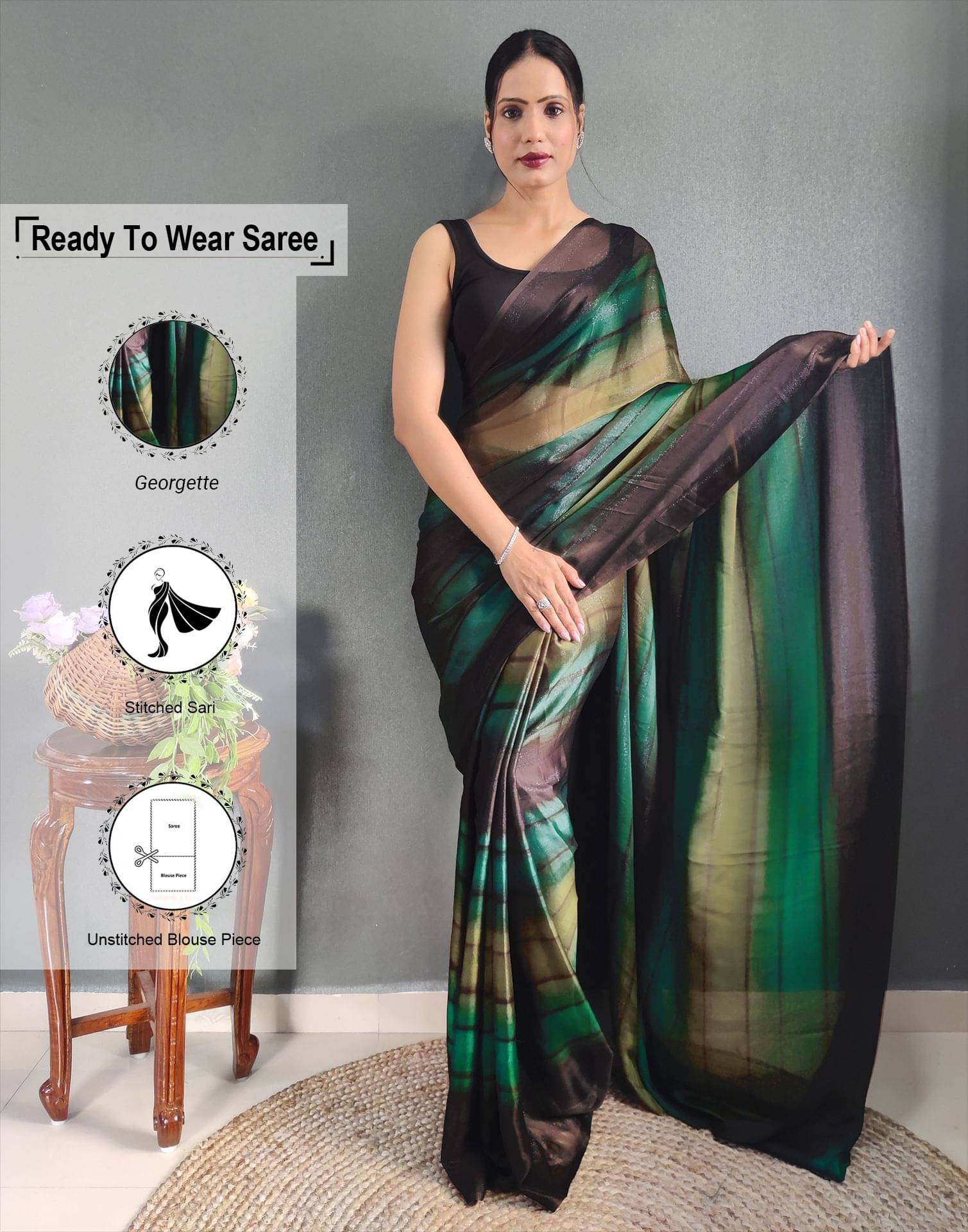     			Samah Georgette Printed Ready to Wear Saree With Unstitched Blouse Piece ( Green )