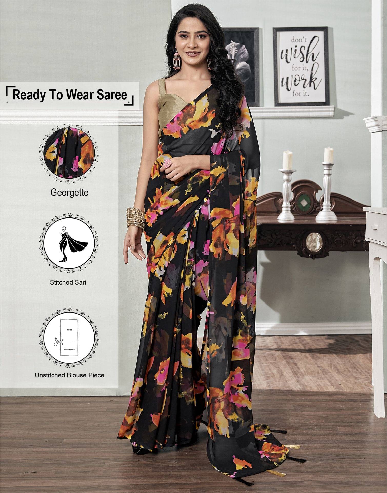 Samah Georgette Printed Ready to Wear Saree With Unstitched Blouse Piece ( Multicolor ) Samah Georgette Printed Ready to Wear Saree With Unstitched Blouse Piece ( Multicolor )