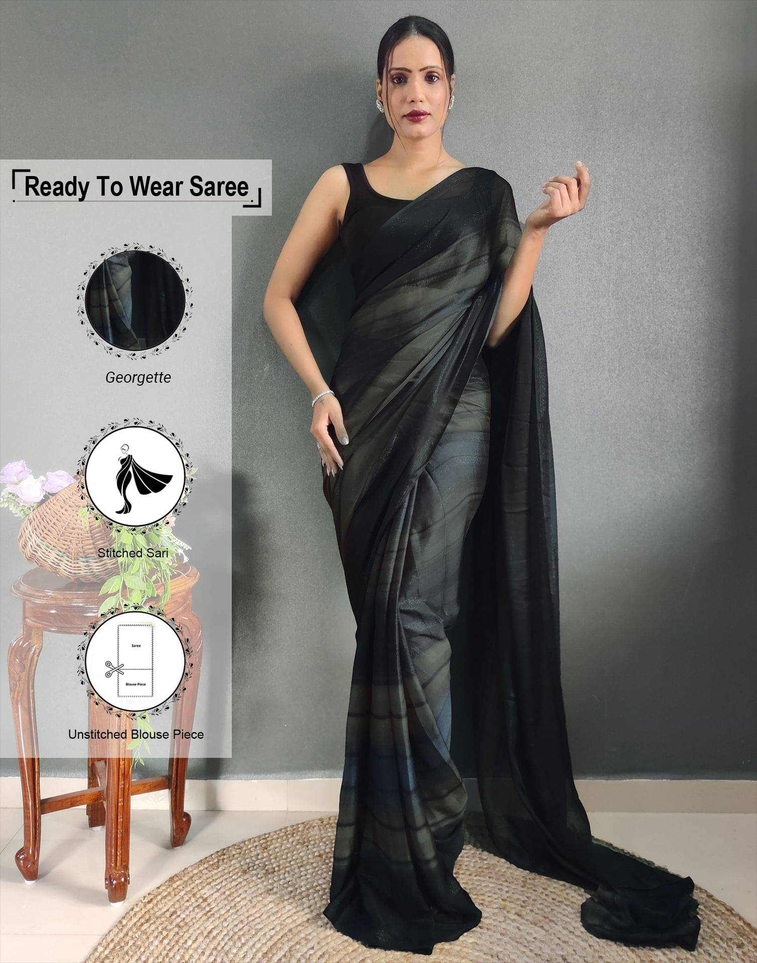     			Samah Georgette Printed Ready to Wear Saree With Unstitched Blouse Piece ( Black )