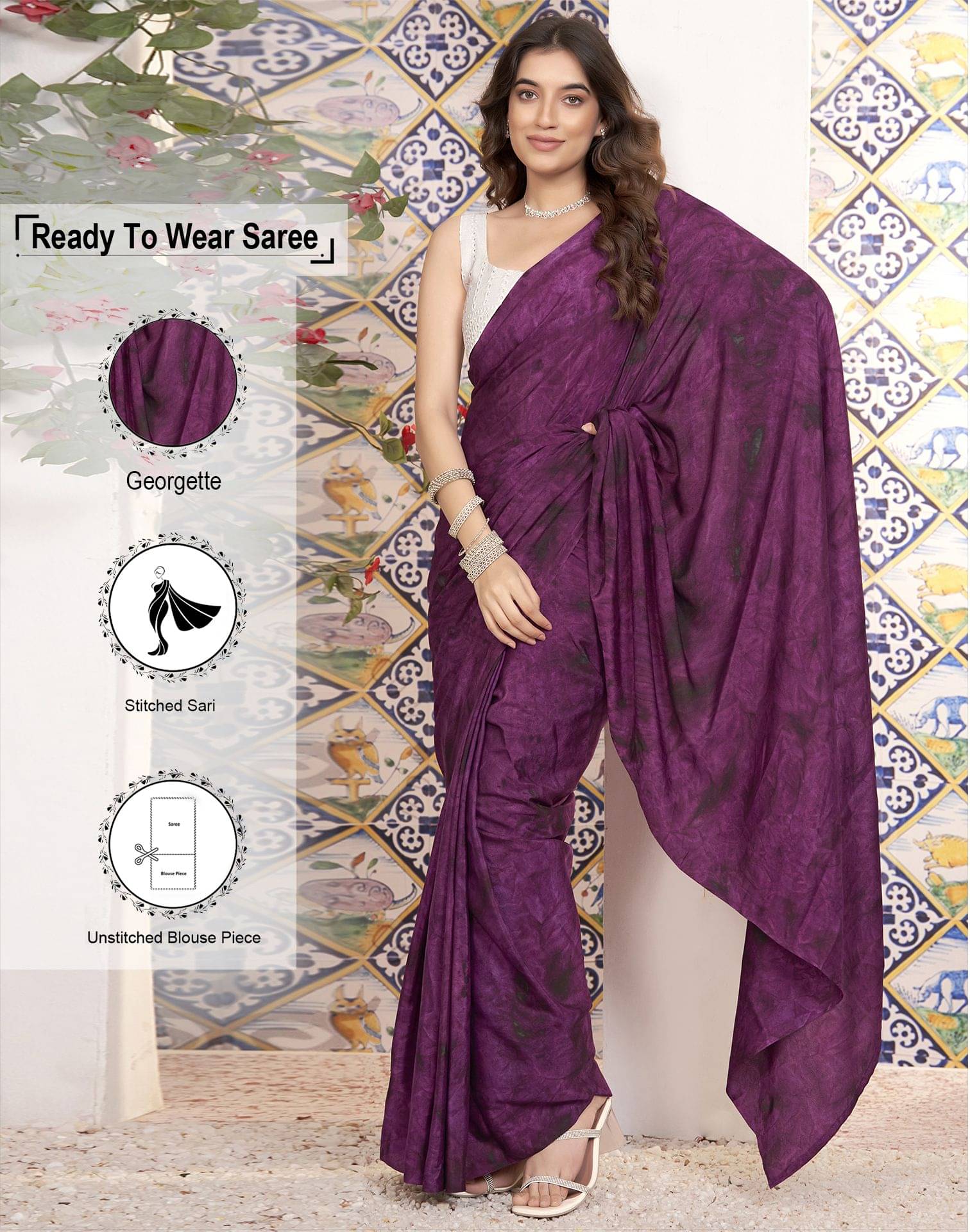     			Samah Georgette Printed Ready to Wear Saree With Unstitched Blouse Piece ( Purple )