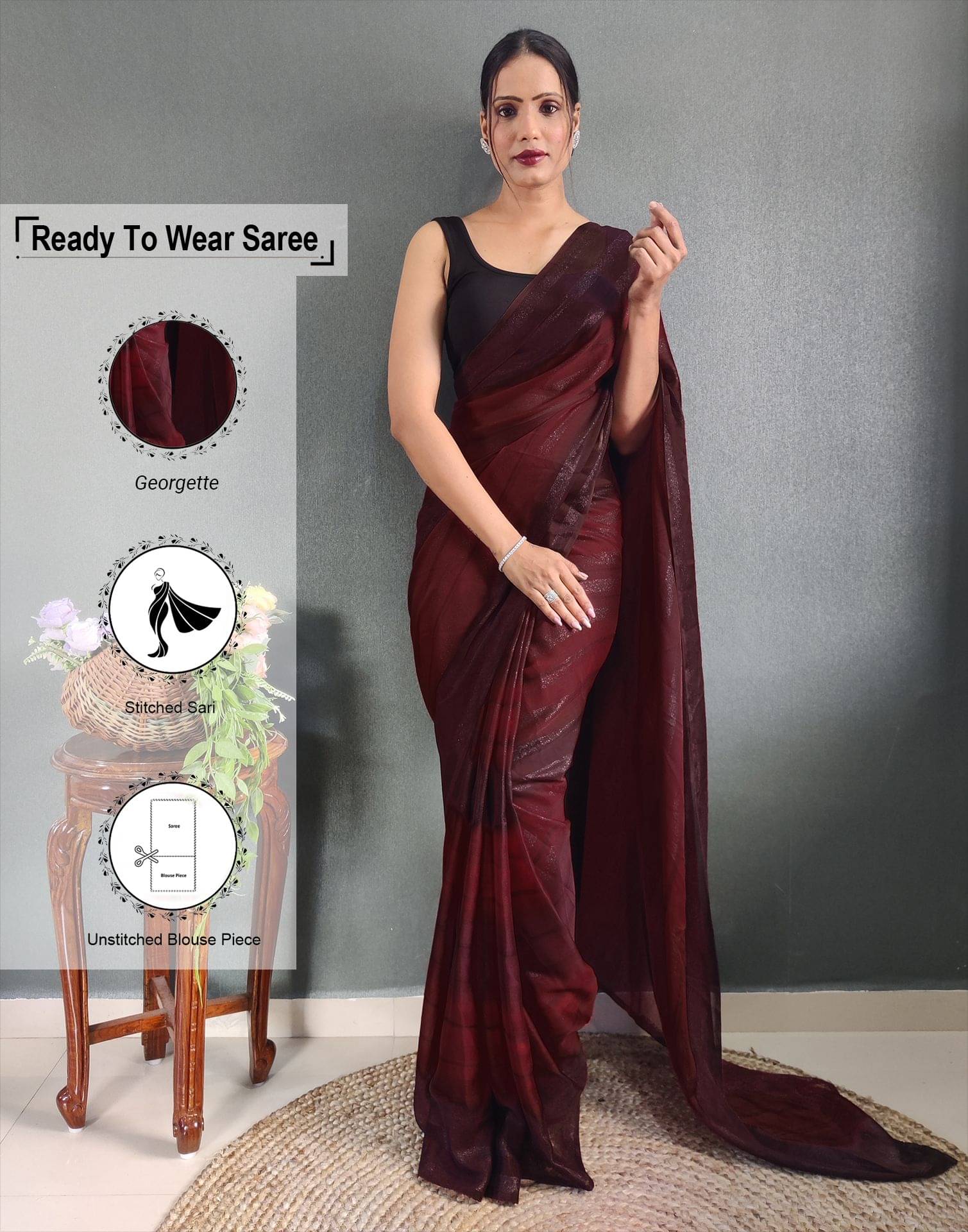     			Samah Georgette Printed Ready to Wear Saree With Unstitched Blouse Piece ( Maroon )
