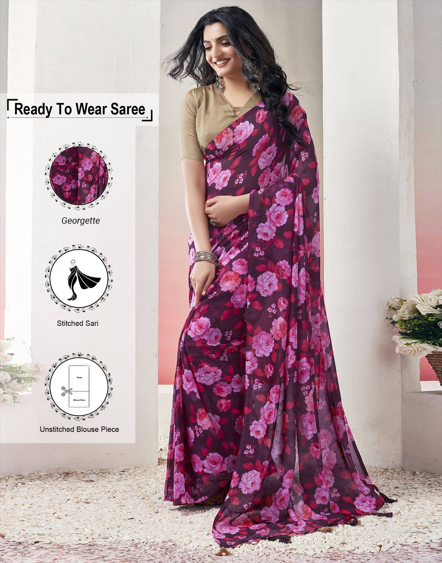 Samah Georgette Printed Saree With Unstitched Blouse Piece ( Wine ) Samah Georgette Printed Saree With Unstitched Blouse Piece ( Wine )