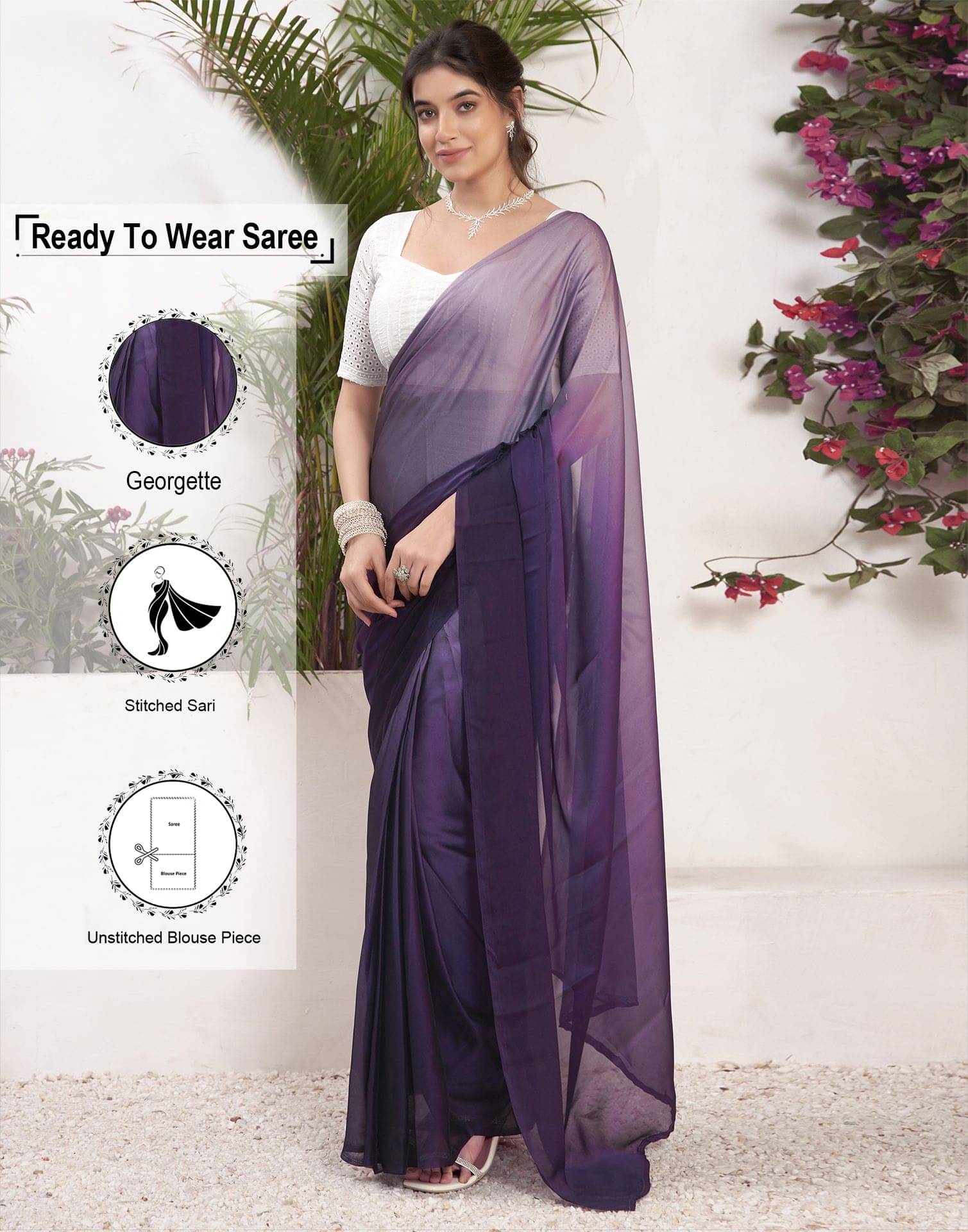 Samah Georgette Solid Ready to Wear Saree With Unstitched Blouse Piece ( Purple ) Samah Georgette Solid Ready to Wear Saree With Unstitched Blouse Piece ( Purple )