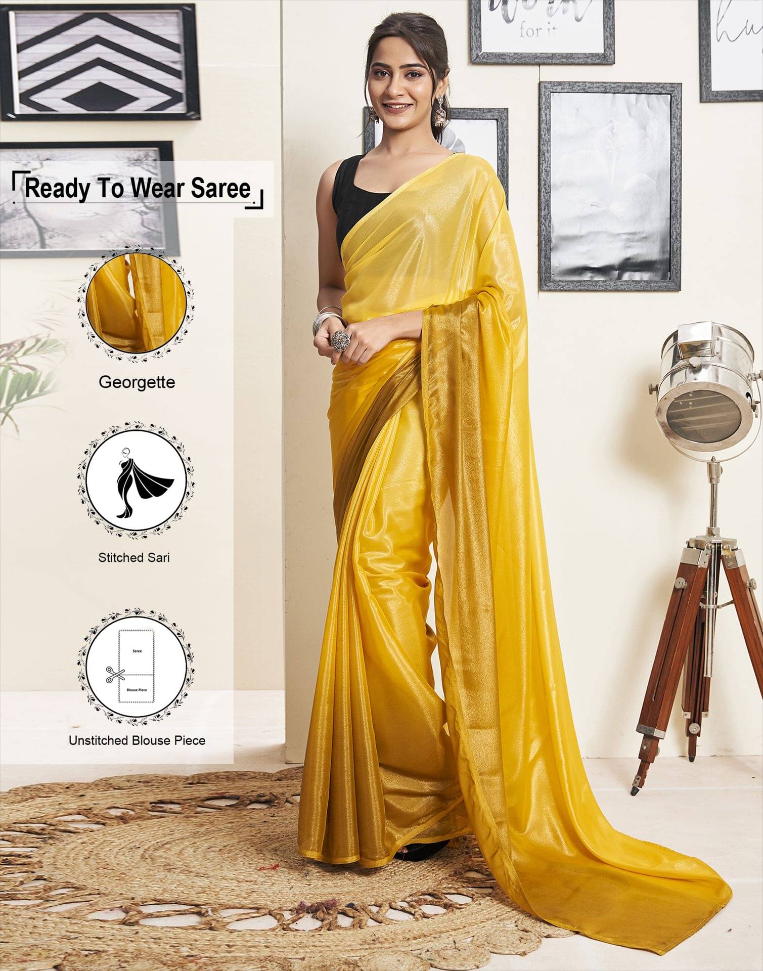     			Samah Georgette Solid Saree With Unstitched Blouse Piece ( Yellow )