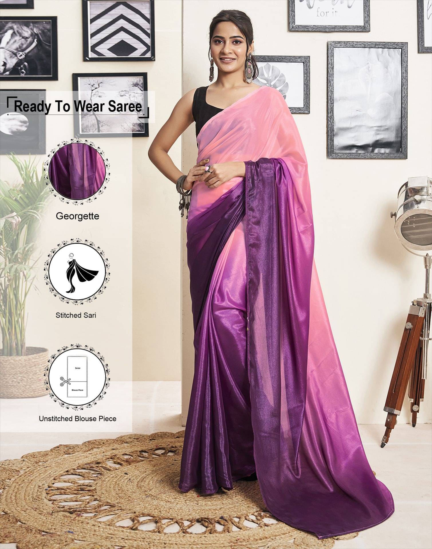     			Samah Georgette Solid Ready to Wear Saree With Unstitched Blouse Piece ( Wine )