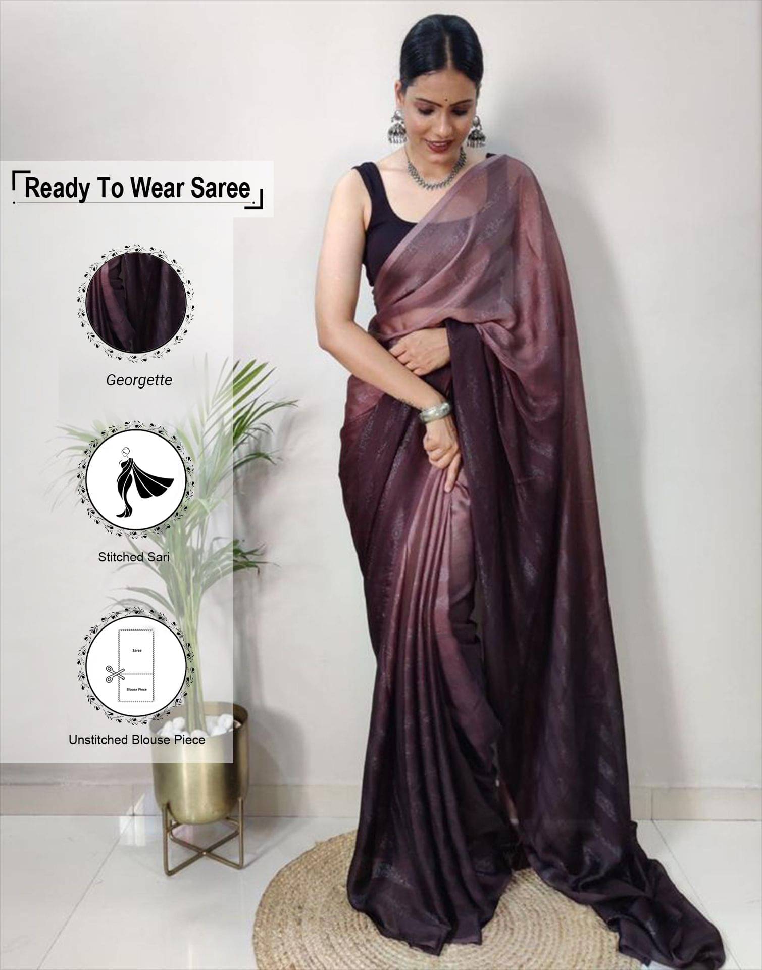     			Samah Georgette Solid Ready to Wear Saree With Unstitched Blouse Piece ( Mauve )