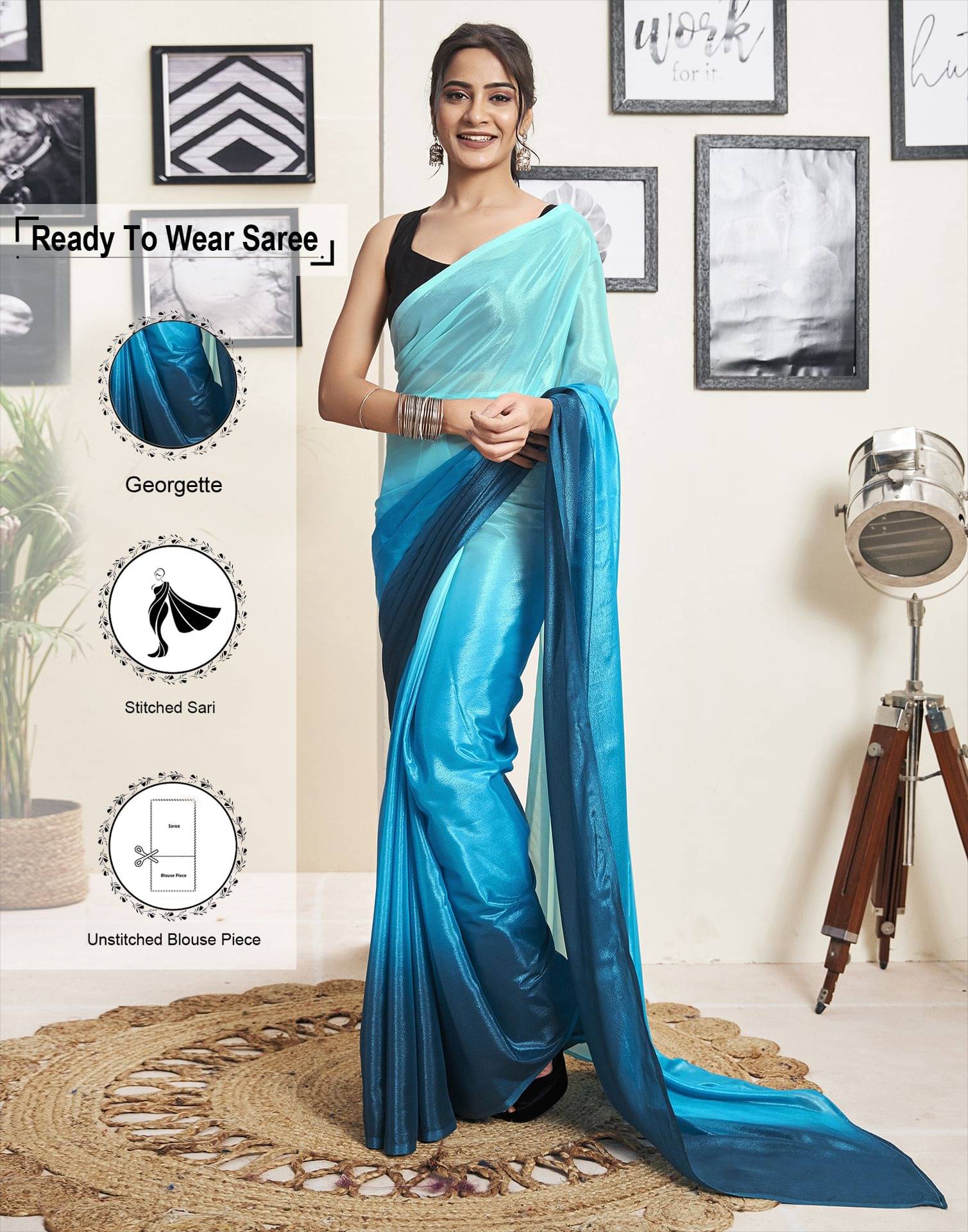     			Samah Georgette Solid Ready to Wear Saree With Unstitched Blouse Piece ( Teal )