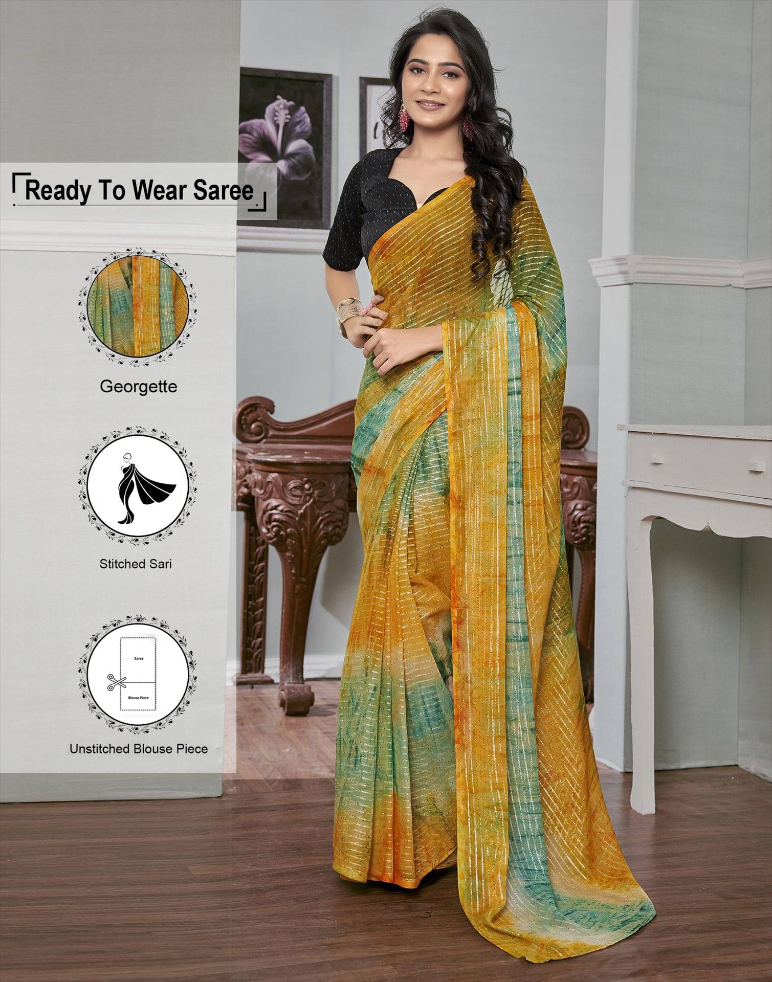 Samah Georgette Striped Ready to Wear Saree With Unstitched Blouse Piece ( Yellow ) Samah Georgette Striped Ready to Wear Saree With Unstitched Blouse Piece ( Yellow )