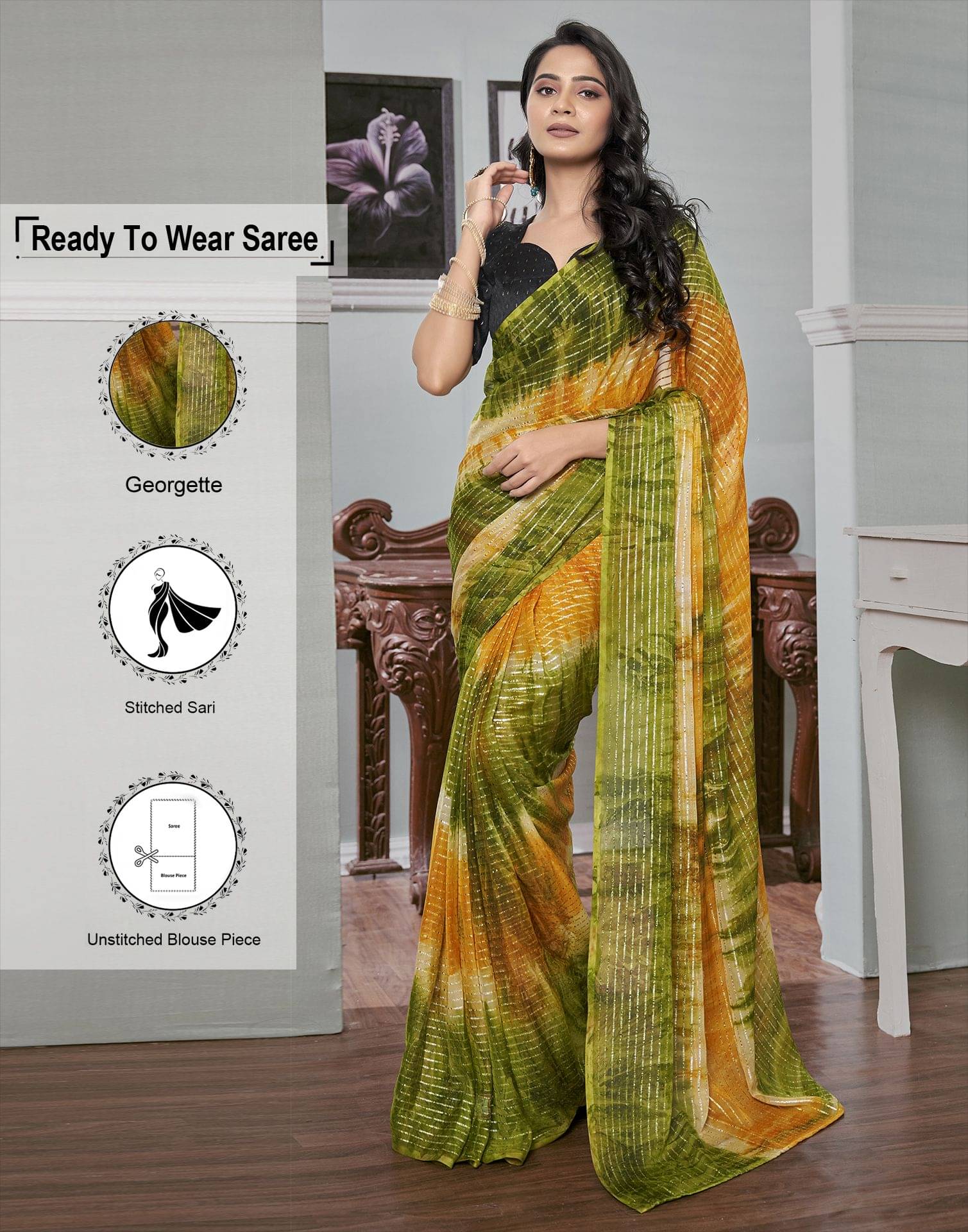    			Samah Georgette Striped Ready to Wear Saree With Unstitched Blouse Piece ( Green )