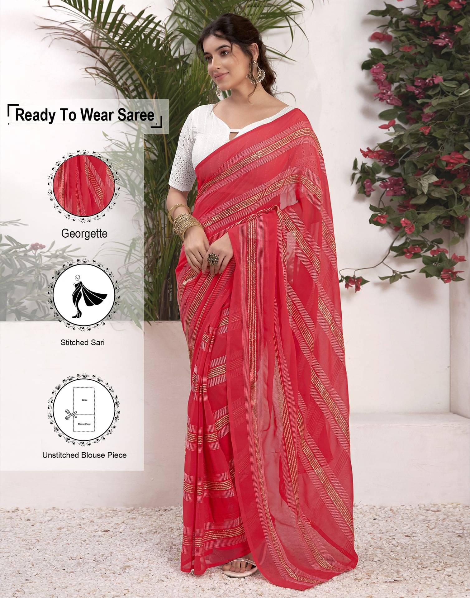 Samah Georgette Striped Ready to Wear Saree With Unstitched Blouse Piece ( Pink ) Samah Georgette Striped Ready to Wear Saree With Unstitched Blouse Piece ( Pink )