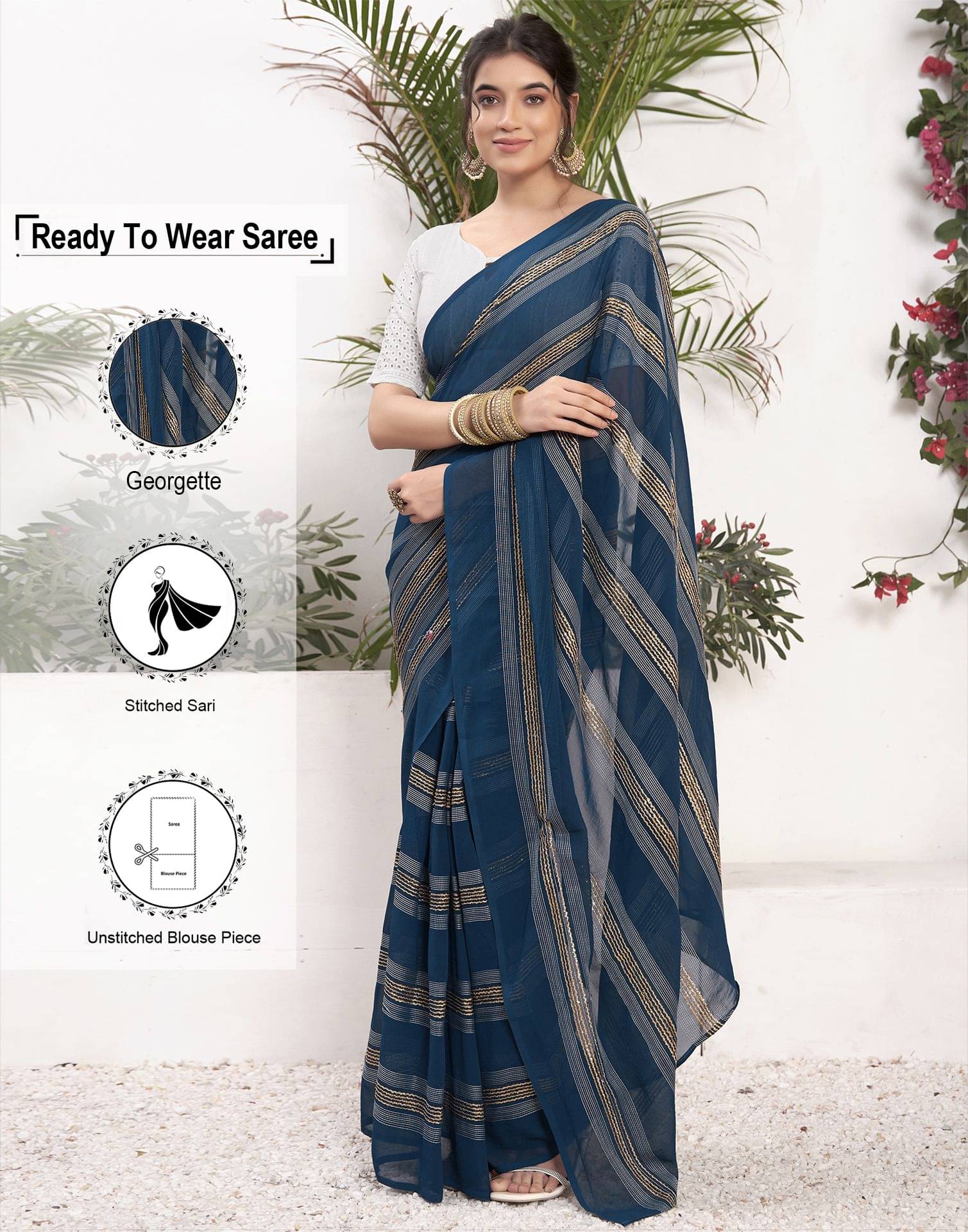 Samah Georgette Striped Saree With Unstitched Blouse Piece ( Light Blue ) Samah Georgette Striped Saree With Unstitched Blouse Piece ( Light Blue )