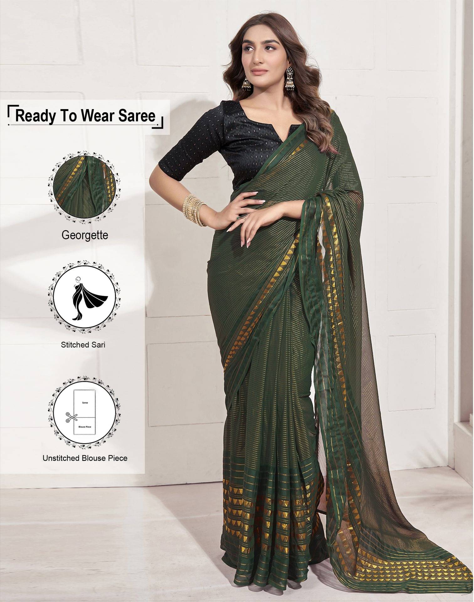     			Samah Georgette Striped Ready to Wear Saree With Unstitched Blouse Piece ( Green )