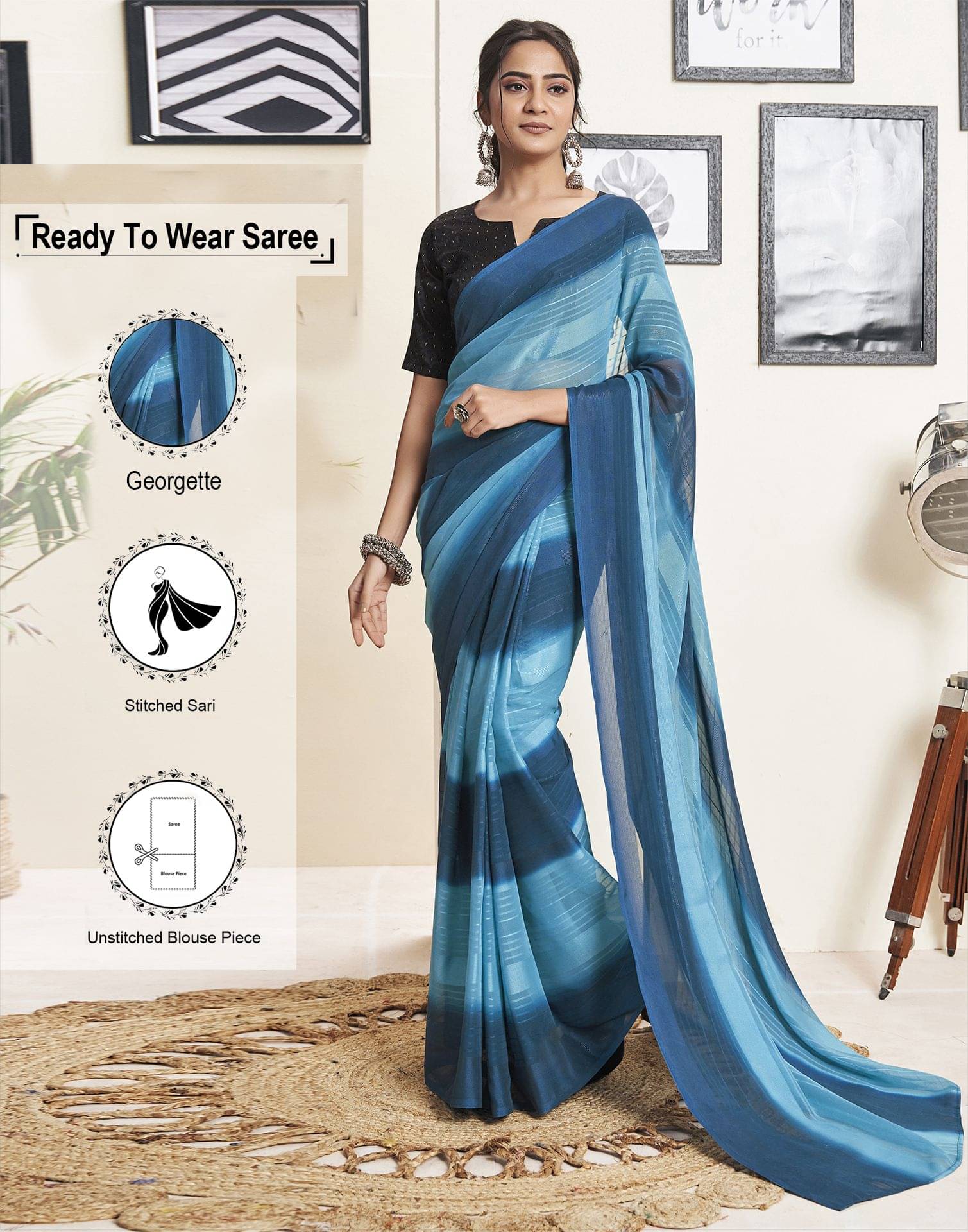     			Samah Georgette Striped Ready to Wear Saree With Unstitched Blouse Piece ( Light Blue )