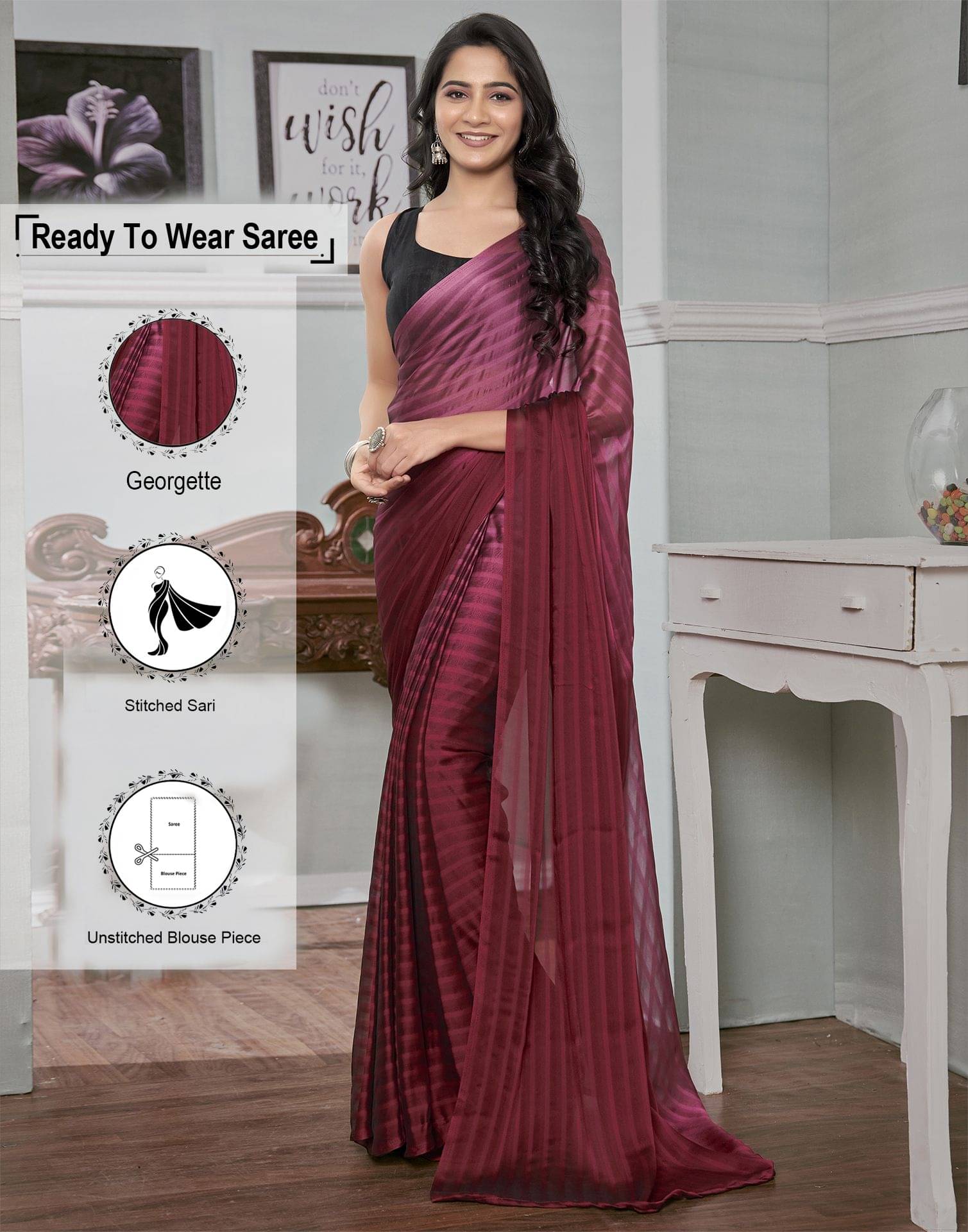 Samah Georgette Striped Ready to Wear Saree With Unstitched Blouse Piece ( Maroon ) Samah Georgette Striped Ready to Wear Saree With Unstitched Blouse Piece ( Maroon )