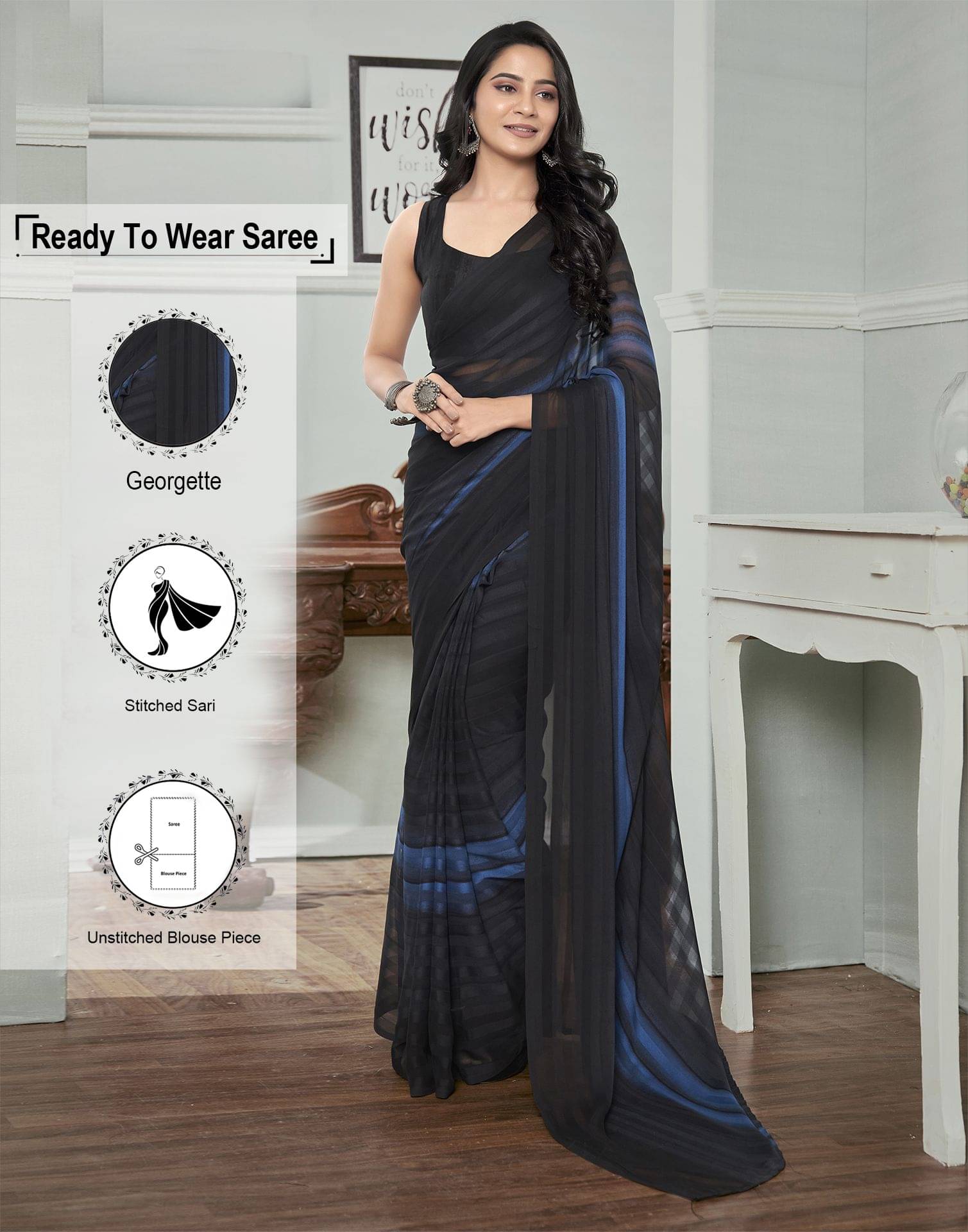     			Samah Georgette Striped Ready to Wear Saree With Unstitched Blouse Piece ( Black )
