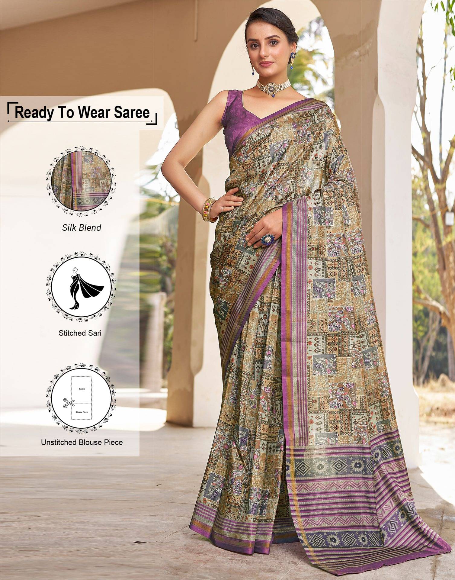     			Samah Silk Blend Printed Ready to Wear Saree With Unstitched Blouse Piece ( Mustard )