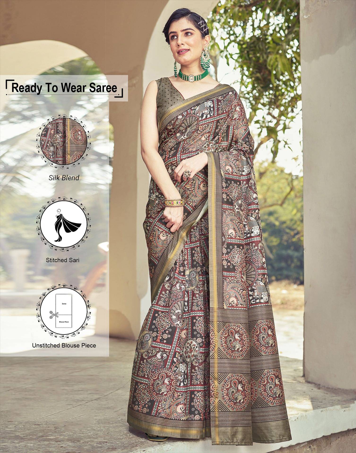 Samah Silk Blend Printed Ready to Wear Saree With Unstitched Blouse Piece ( Brown ) Samah Silk Blend Printed Ready to Wear Saree With Unstitched Blouse Piece ( Brown )