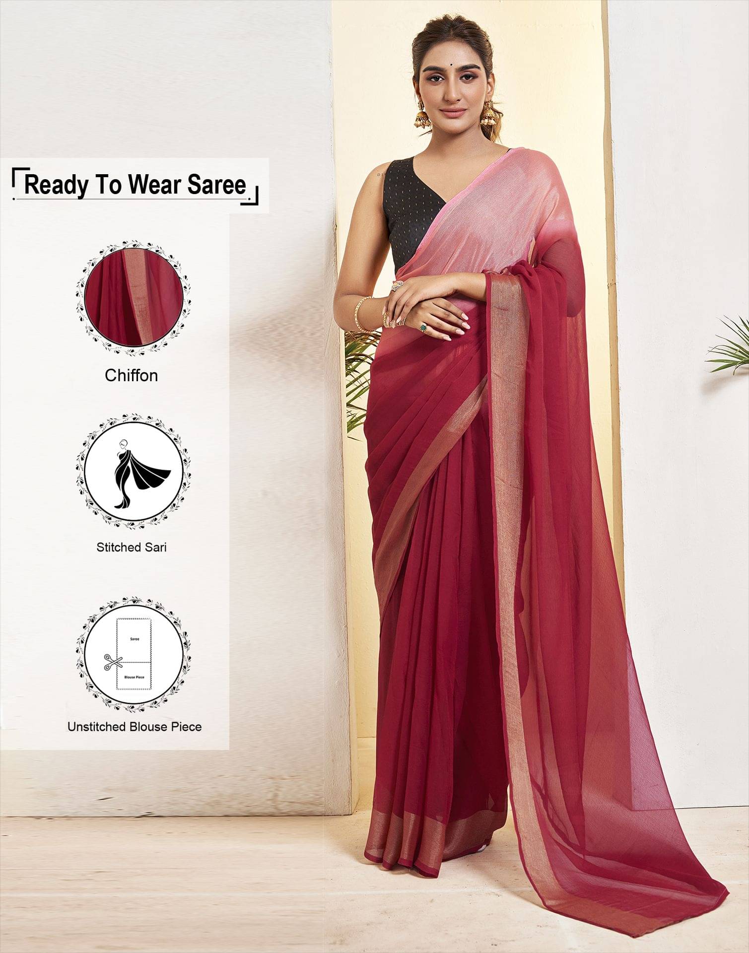 Satrani Chiffon Solid Ready to Wear Saree With Unstitched Blouse Piece ( Maroon ) Satrani Chiffon Solid Ready to Wear Saree With Unstitched Blouse Piece ( Maroon )