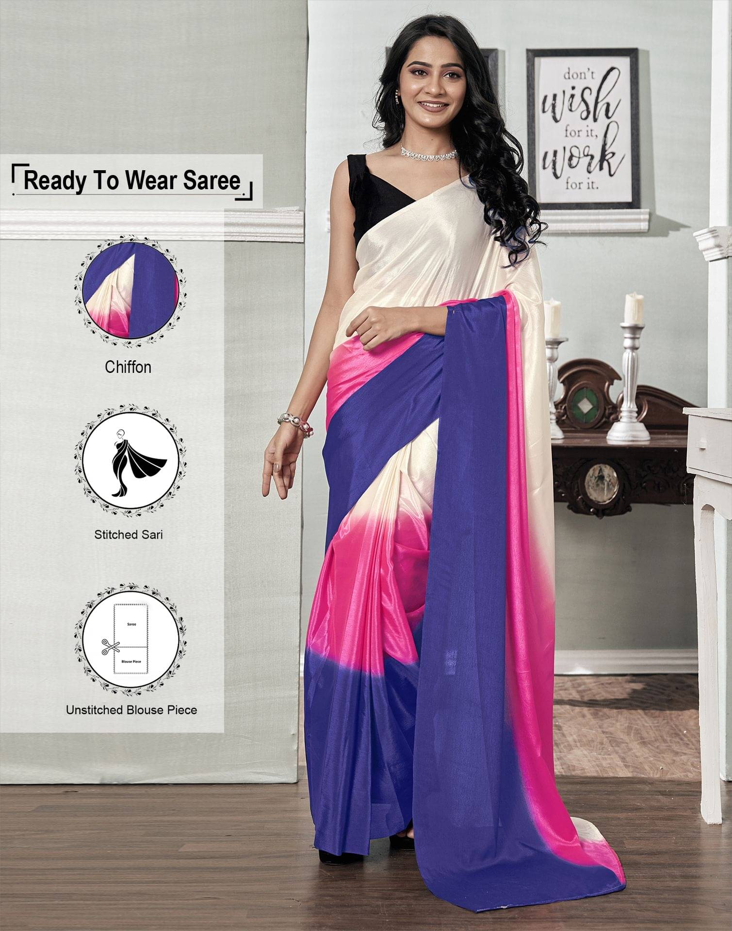    			Satrani Chiffon Solid Ready to Wear Saree With Unstitched Blouse Piece ( Pink )