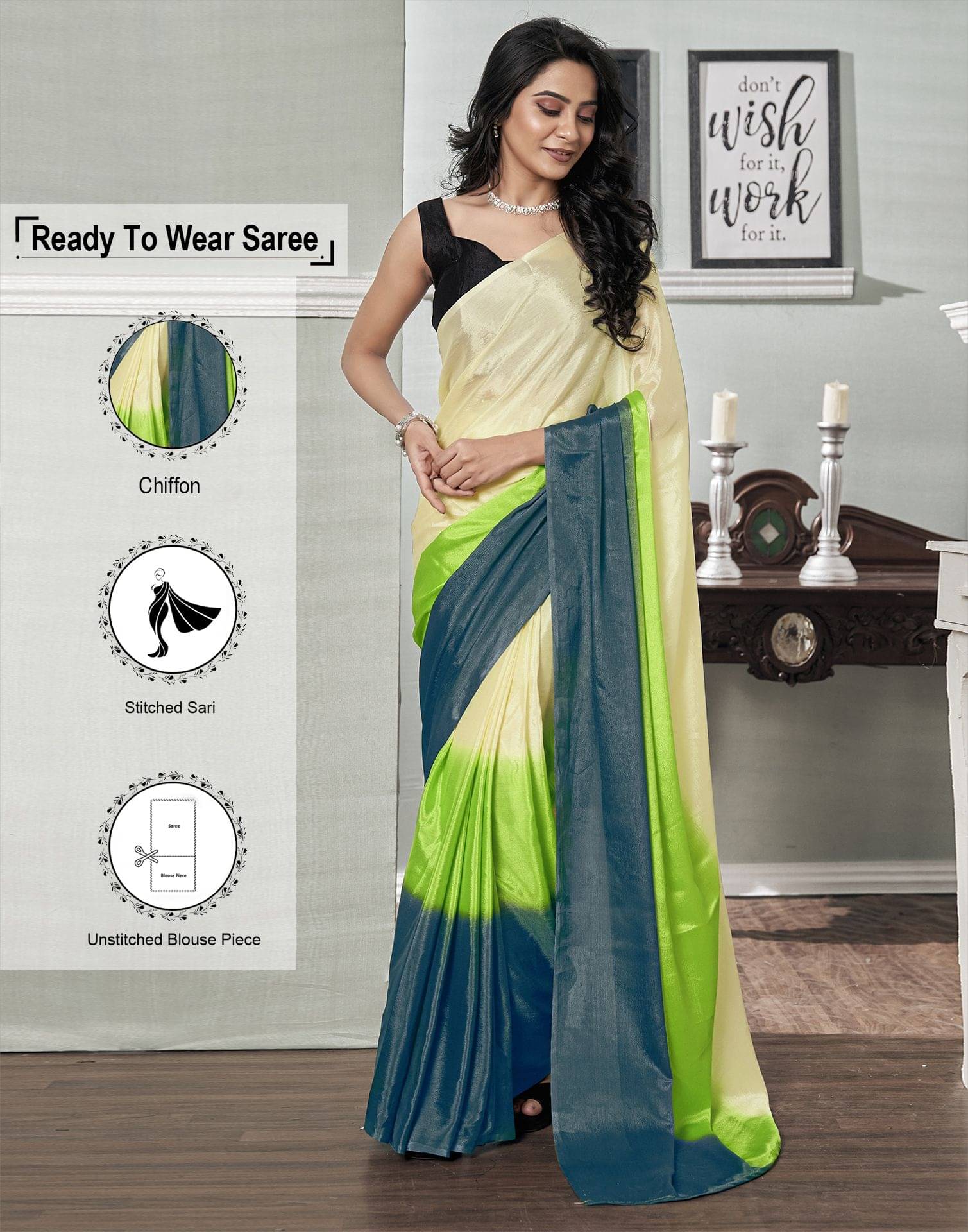     			Satrani Chiffon Solid Ready to Wear Saree With Unstitched Blouse Piece ( Lime Green )