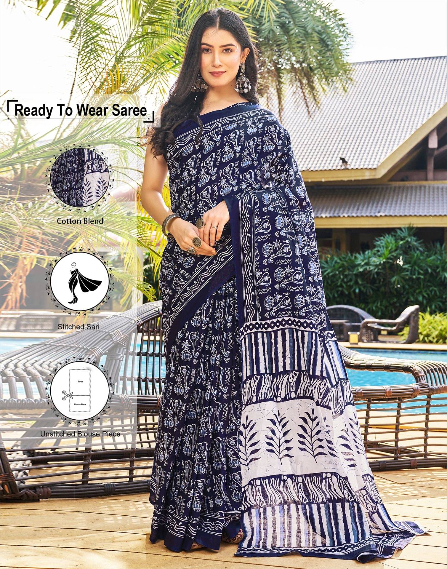     			Satrani Cotton Printed Ready to Wear Saree With Unstitched Blouse Piece ( Navy Blue )