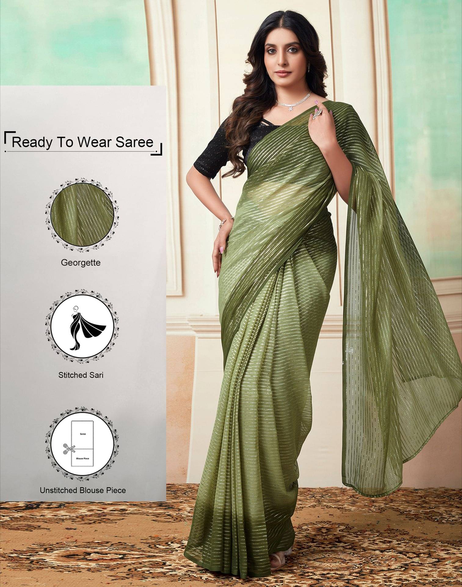     			Satrani Georgette Embellished Ready to Wear Saree With Unstitched Blouse Piece ( Green )