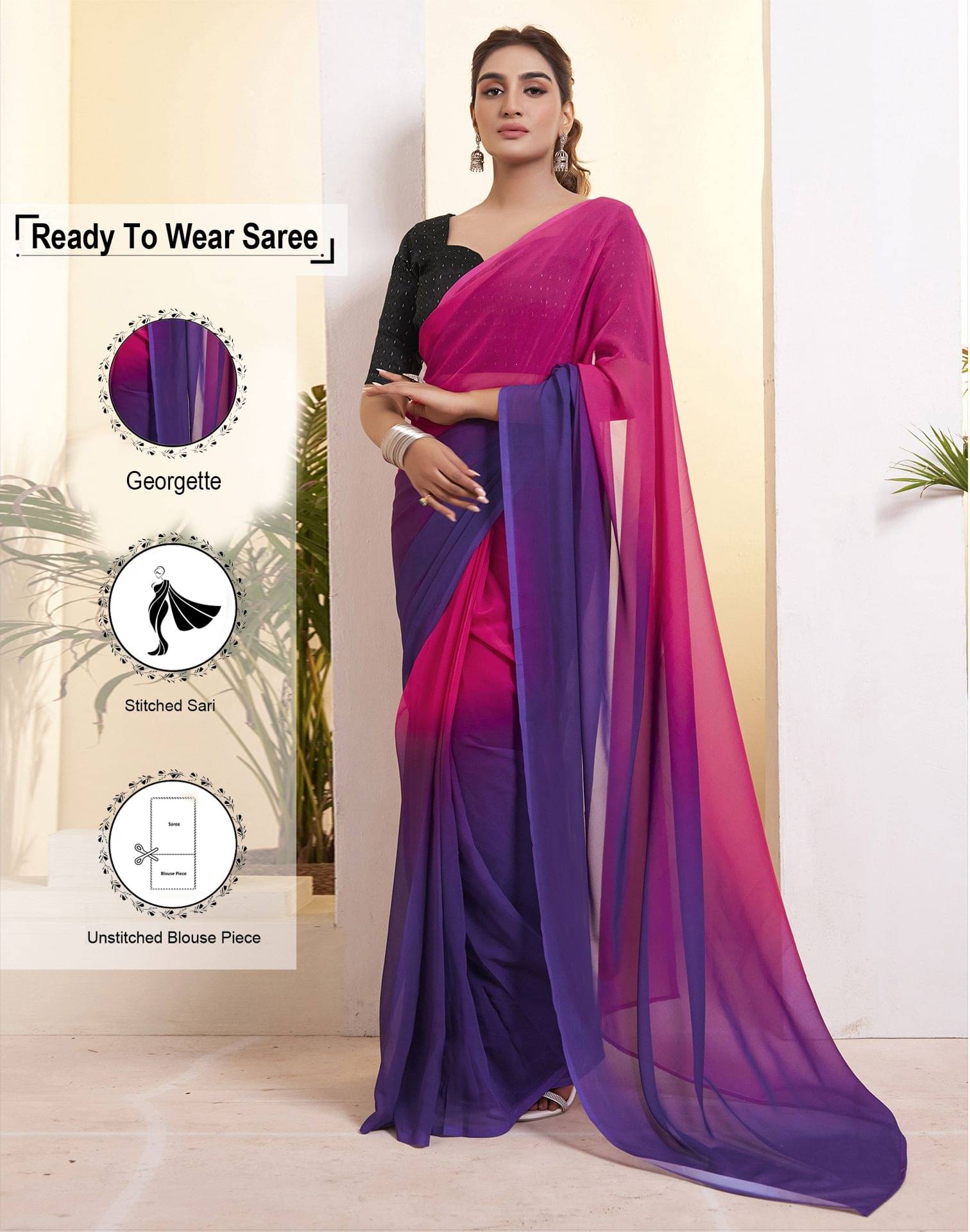 Satrani Georgette Dyed Ready to Wear Saree With Unstitched Blouse Piece ( Magenta ) Satrani Georgette Dyed Ready to Wear Saree With Unstitched Blouse Piece ( Magenta )
