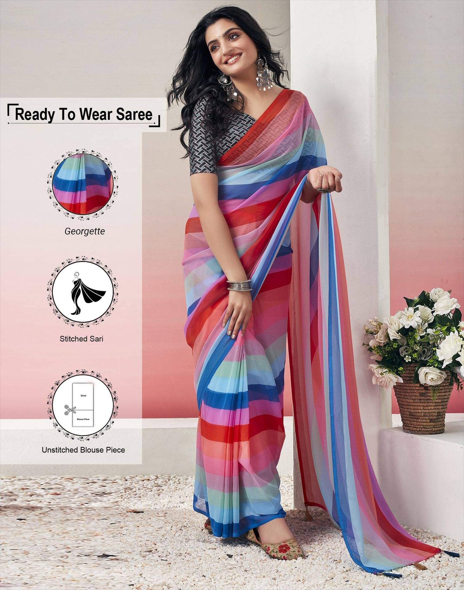     			Satrani Georgette Printed Saree With Unstitched Blouse Piece ( Multicolour )