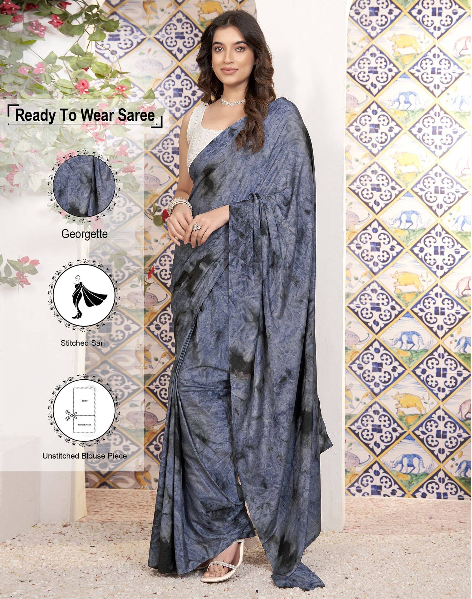    			Satrani Georgette Printed Ready to Wear Saree With Unstitched Blouse Piece ( Grey )
