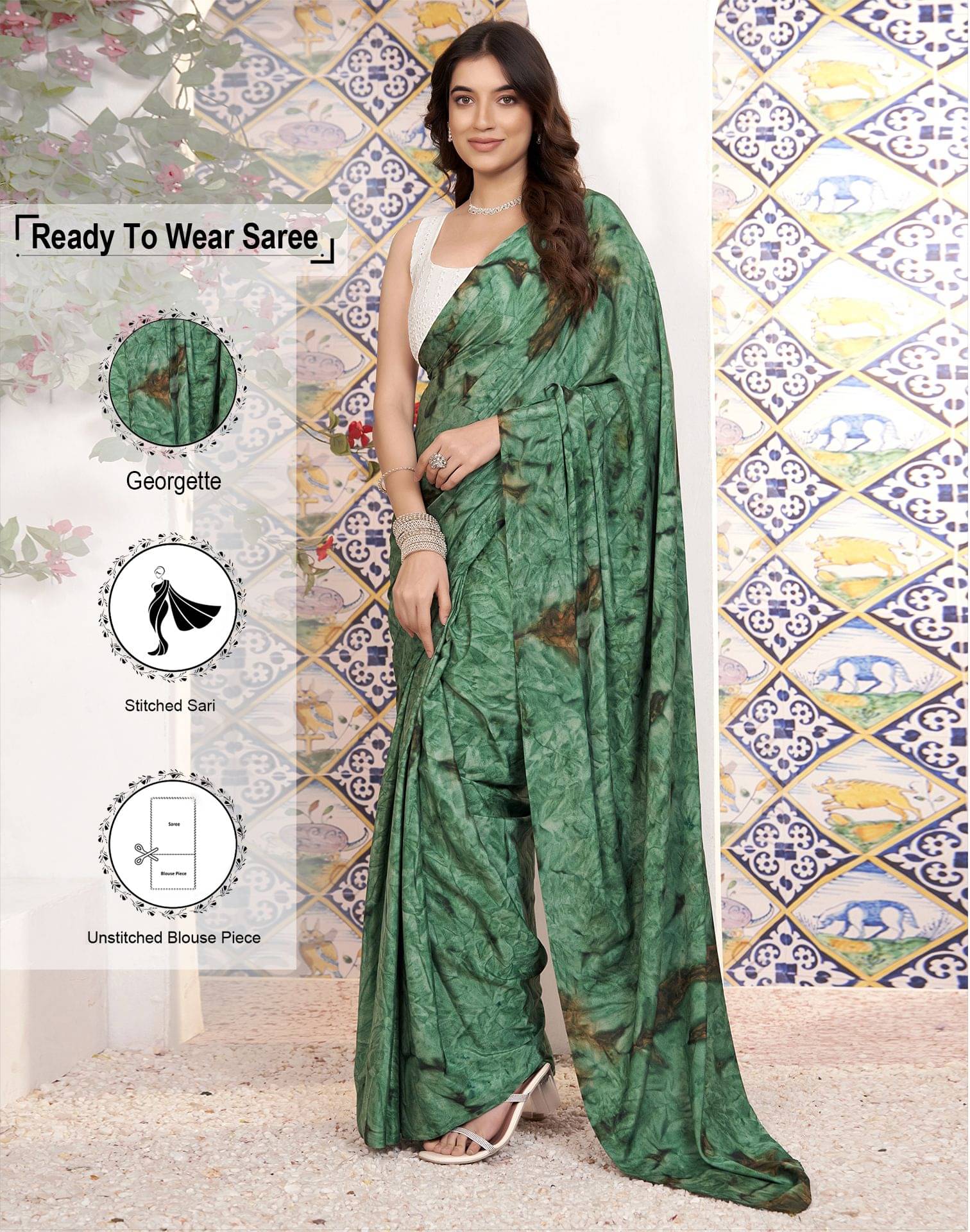 Satrani Georgette Printed Ready to Wear Saree With Unstitched Blouse Piece ( Green ) Satrani Georgette Printed Ready to Wear Saree With Unstitched Blouse Piece ( Green )