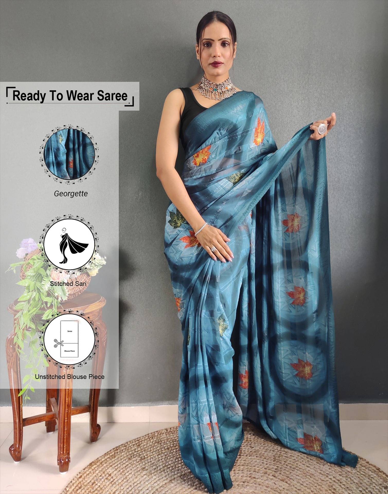     			Satrani Georgette Printed Ready to Wear Saree With Unstitched Blouse Piece ( LightBLue )