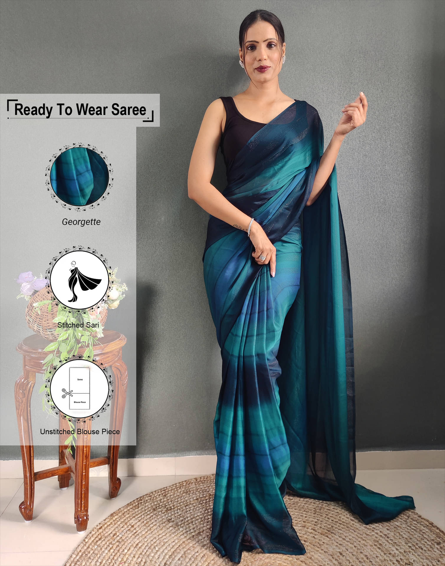     			Satrani Georgette Printed Ready to Wear Saree With Unstitched Blouse Piece ( Blue )