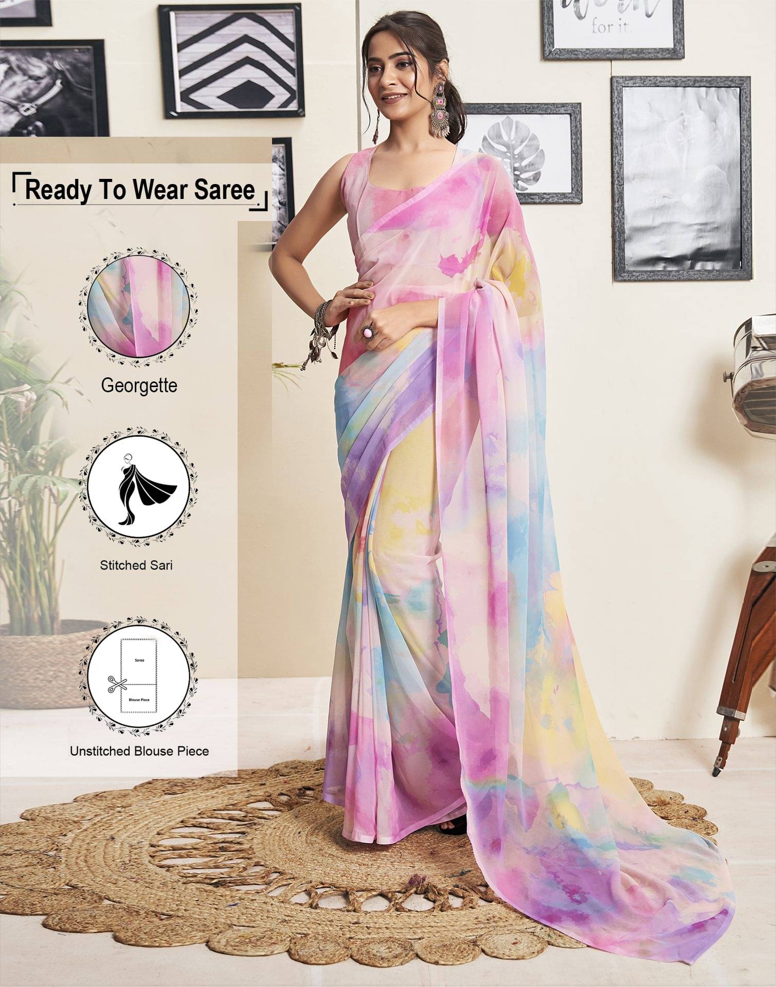     			Satrani Georgette Printed Ready to Wear Saree With Unstitched Blouse Piece ( Multicolor1 )