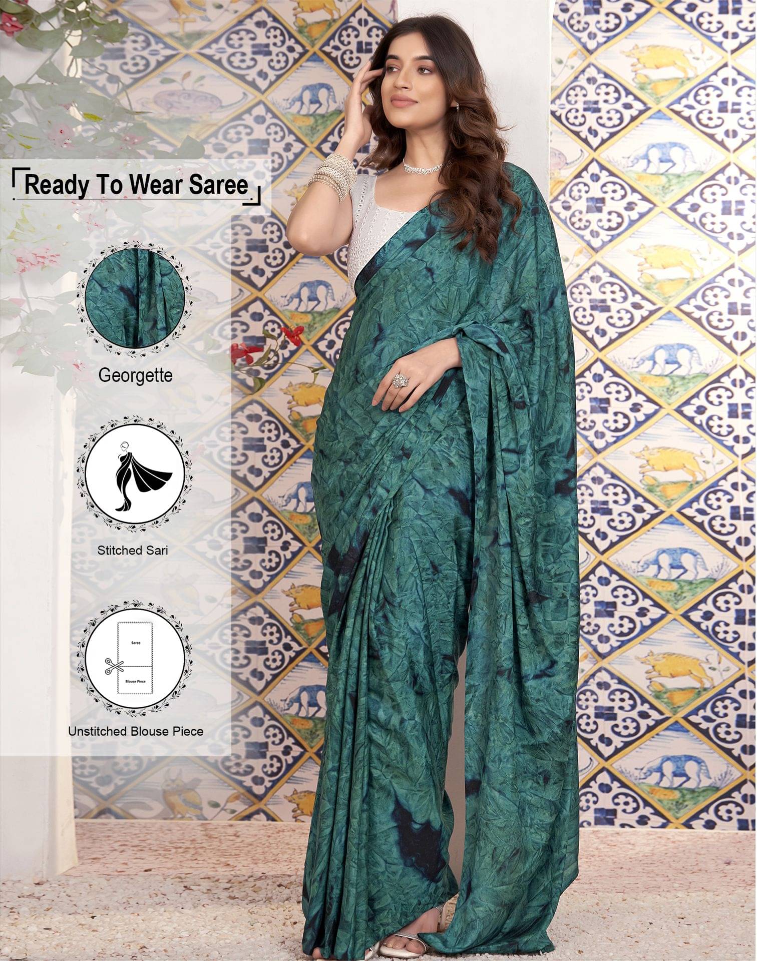     			Satrani Georgette Printed Ready to Wear Saree With Unstitched Blouse Piece ( Rama )