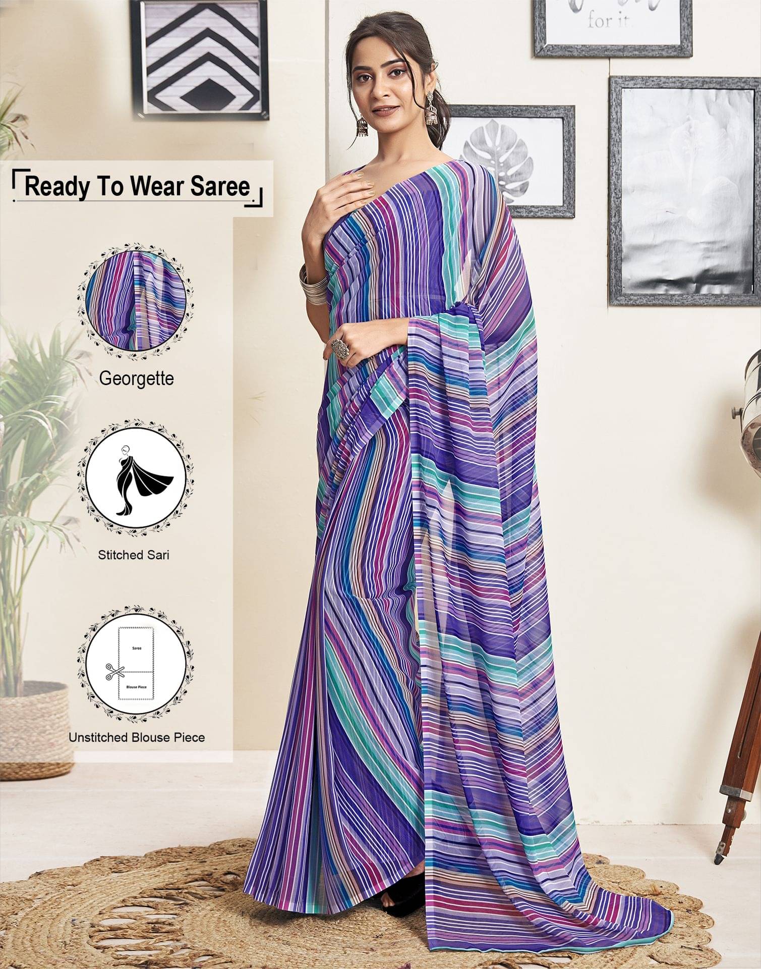     			Satrani Georgette Printed Ready to Wear Saree With Unstitched Blouse Piece ( Multicolor )
